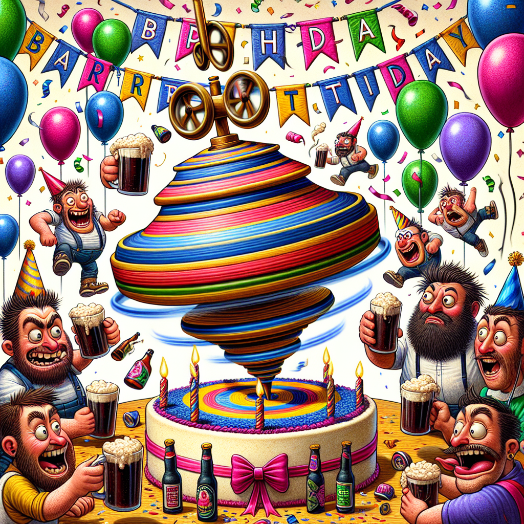 A lively cartoon birthday scene set with vibrant balloons and confetti draping the backdrop. In the center, a giant spinning top, comically larger than usual, holds the attendees' fascination. Various joyful characters, each holding a pint of frothy dark beer, engage in an amusing spinning top competition. Their exaggerated expressions reflecting intense mirth and competitive spirit. A birthday banner with quirky hand-drawn lettering stretches across the top of the scene. A delectable cake, decorated with miniature spinning tops and candles shaped like beer bottles, eagerly awaits the birthday cheer.
Generated with these themes: Beyblade, and Guinness .
Made with ❤️ by AI.