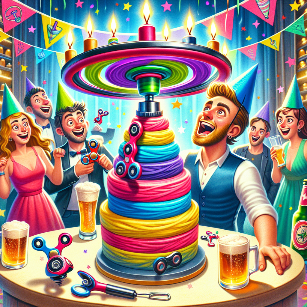 In a vibrant and joyful scene, animated guests are gathered around a unique, spinning top game-themed birthday cake, adorned with bottle-shaped candles eagerly awaiting the celebration. The fashionable party hats resemble spinning tops, adding to the playfulness of the scene. The birthday celebrant, caught in the throes of laughter, is depicted with a spinning top launcher in one hand and a carbonated beverage in the other. Festive streamers fill the space above, adorned with playful drawings of spinning tops and pint glasses, enhancing the jovial atmosphere of the brilliantly colorful party.
Generated with these themes: Beyblade, and Guinness .
Made with ❤️ by AI.
