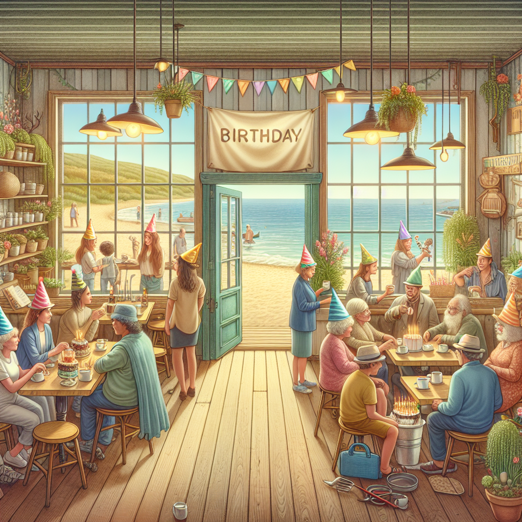 Create an image of a birthday celebration inside a cozy seaside coffee shop. The shop has large, sunlit windows that offer a view of the beach. The scene is lively with a diversity of patrons, including Caucasian females, Black males, South Asian children, and Hispanic senior citizens, all wearing festive hats and enjoying coffee. The interior is decorated with potted plants and gardening tools. In one corner of the shop, there's a small stage hosting a puppet theatre, adding a sense of drama and entertainment to the charming ambiance.
Generated with these themes: Coffee, Theatre, Gardening, and Seaside.
Made with ❤️ by AI.