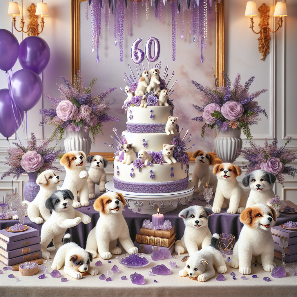 Picture a joyous celebration scene dedicated to a 60th birthday. A group of vivid, lifelike plush puppies engage in playful antics amidst accents of lavender amethyst crystals, contributing to the merriment. Purple balloons and streamers float about in the air, causing a festive atmosphere. Dominating the scene is a grand three-tiered birthday cake, beautifully decorated with fondant figures of dogs and topped with delicate sugared violets. Elegant bound books serve as centerpieces on each table, inviting guests to partake in the wisdom of six decades of life.
Generated with these themes: 60, Dog, Purple, Crystals, and Books.
Made with ❤️ by AI.