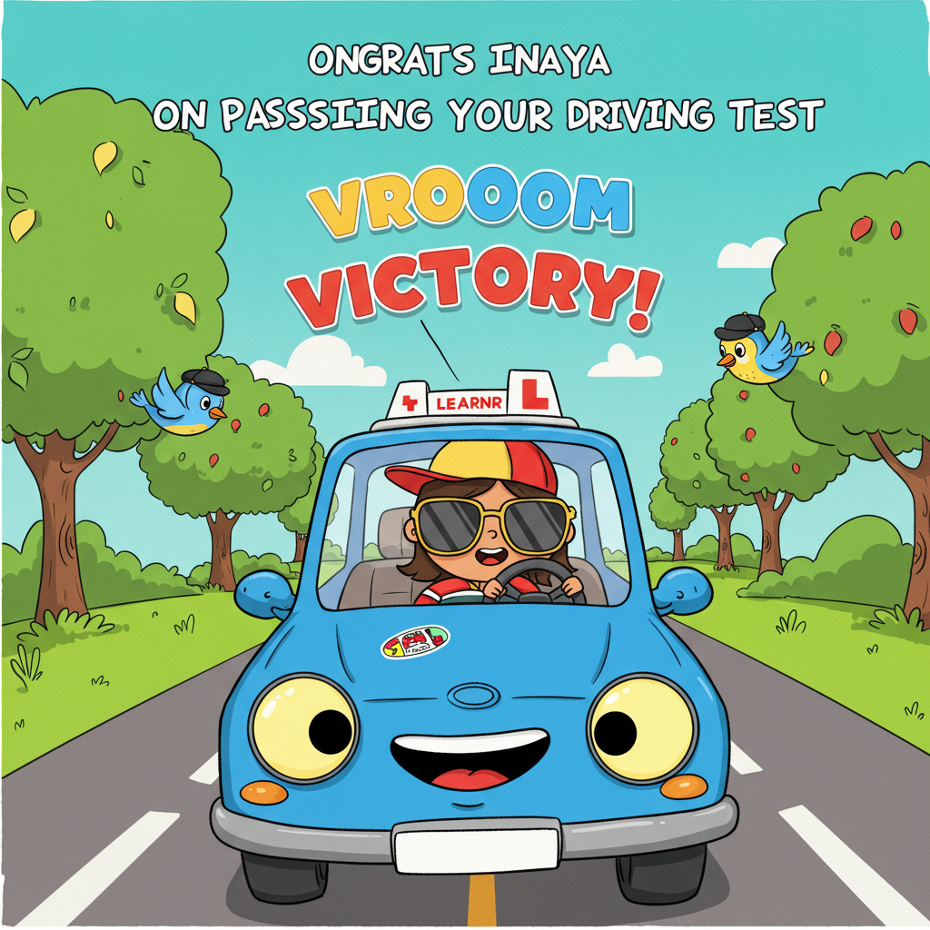 At the top of the Cartoon Style image, display the text: "Congrats Inaya On Passing Your Driving Test"

**Image Prompt:**

Imagine a bright and colorful cartoon scene featuring a vibrant blue car with cheerful, oversized eyes as headlights. The car has a big, happy smile on its front bumper, and its roof is adorned with playful red "L" plates, signifying "learner driver" status. The car is driving down a sunny road lined with exaggerated, whimsical trees that sway in the background.

Inside the car, there's an animated, cute character—Inaya, the new driver—with a broad grin, wearing oversized sunglasses and a trendy cap. Inaya's hands are confidently gripping the steering wheel, which is adorned with colorful stickers.

Floating above the car, playful cartoon-style balloons spell out "Vroom Vroom Victory!" in bold, fun letters. A couple of cartoon birds fly alongside the car, wearing tiny driving caps, joining in the celebration. The whole scene exudes excitement and joy, capturing the delight of passing a driving test in a whimsical and heartwarming way.
Generated with these themes: On Passing Your Driving Test, CAR WITH L PLATES, BLUE CAR, and .
Made with ❤️ by AI.