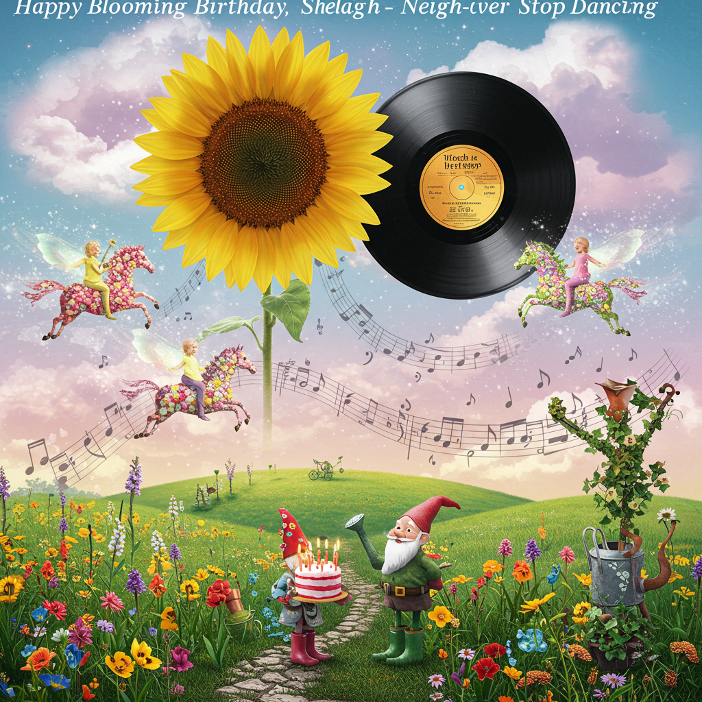 **Image Prompt:**

At the top of the abstract image, *Happy Blooming Birthday, Shelagh — Neigh-ver Stop Dancing!*

Surreal, abstract scene filled with vibrant pastel hues and dreamlike transitions: a colossal, blooming sunflower morphs into a vinyl record spinning in the sky, its petals forming treble clefs and musical notes that float downward like falling leaves. Beneath the record-sun, rolling green hills are formed from layers of garden gloves and wildflowers, sprouting watering cans instead of trees. 

Trotting gently across the sky are ethereal horses made of stardust and roses, ridden by glowing childlike silhouettes that emit laughter-shaped clouds. In the background, a waltzing gnome in glittering gumboots dances with a floating fiddle made of ivy vines.  

Time feels elastic, with music notes turning into tulips, and garden spades doubling as harps — everything pulsates to an invisible rhythm only Shelagh can hear.
Generated with these themes: Loves gardening , Watching daughter and grandchildren horseriding , and Music and dancing .
Made with ❤️ by AI.