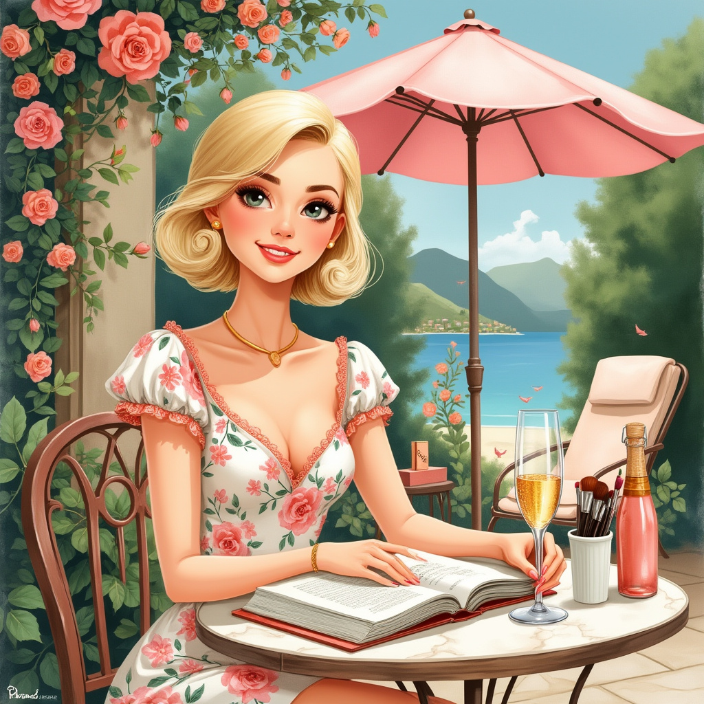 In the center of the illustration stands a charming young woman with a stylish blonde bob, reminiscent of a vintage fashion icon. She is seated at a quaint outdoor café table, a book titled "Whimsical Wanderlust" open before her, its pages fluttering in a gentle breeze. Her nails are impeccably painted a shade of rose gold, and a delicate champagne flute rests in her manicured hand, the bubbling liquid catching the sunlight. To her right, a luxurious spa chair is artfully placed under a pink parasol, where beauty treatment items—facial masks, essential oils, and a collection of elegant makeup brushes—are neatly arranged on a small table. Her attire, a chic floral dress with soft pink roses embroidered on the hem, suggests both glamour and an appreciation for natural beauty. Behind her, an exotic travel poster featuring a serene beach scene hints at her passion for holidays and adventure. Scattered around the scene are classic fashion magazines and a few open boxes of couture shoes, illustrating her love for style. To complete the illustration, the background is adorned with delicate watercolor roses climbing an ornate trellis, and small birds, drawn in a whimsical style akin to Quentin Blake, flit around, adding a touch of playful animation to the birthday-themed tableau.
Generated with these themes: Blonde bob hair, Beauty treatments, Glamorous, Fashion, Roses, Champagne, Holidays, and Reading.
Made with ❤️ by AI.
