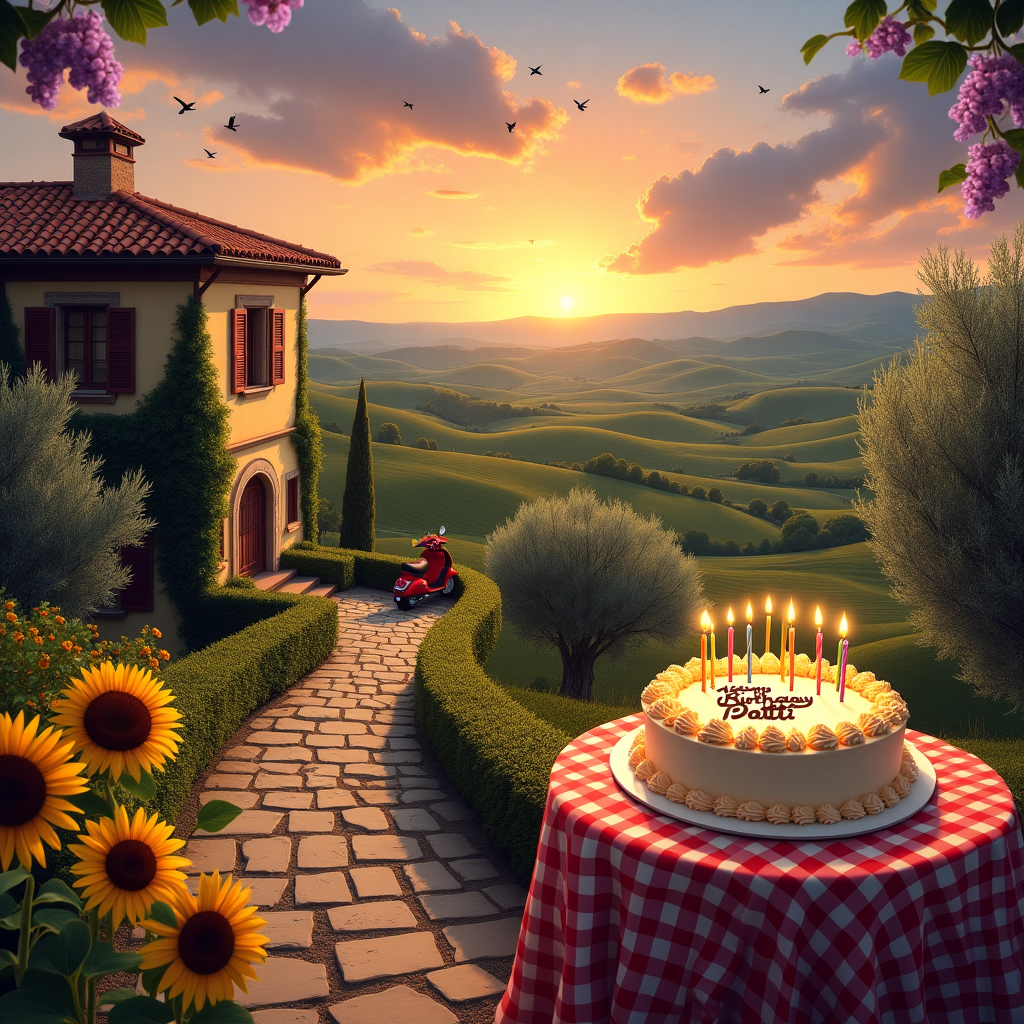 Picture a captivating scene nestled in the heart of the Tuscan hills, where vibrant, rolling vineyards meet the horizon. At the forefront stands a quaint Italian villa, its rustic terracotta roof basking in the golden glow of a breathtaking sunset. The villa's walls are adorned with creeping vines, dotted with clusters of purple grapes, hinting at the bountiful harvest to come. Lush olive trees dot the landscape, their silvery leaves shimmering in the waning sunlight. 

In the foreground, a cobblestone path winds its way towards the villa, lined with cheerful sunflowers swaying gently in the warm evening breeze. A small wooden table, draped with a red-and-white checkered tablecloth, is set for a festive birthday celebration. A decadent birthday cake takes center stage on the table, frosted with creamy swirls and topped with a rainbow of candles. Across the cake, the name "Patti" is written in elegant chocolate script, inviting her to make a wish.

Above, the sky is an artist's palette of colors—fiery oranges, deep purples, and soft pinks merging in a harmonious dance. Fluffy clouds drift lazily, one of them subtly shaped into the letters spelling out "Happy Birthday Patti," as if nature itself is joining the celebration. Birds flit through the sky, casting fleeting shadows on the landscape below, and in the distance, the gentle hum of a Vespa can be heard as it travels the winding roads of Tuscany.

The scene captures the essence of celebration, with every element—be it the sun-kissed hills, the charming villa, or the joyful birthday setup—coming together to create a vivid tableau that speaks volumes without uttering a word.
Generated with these themes: Hills of Tuscany, Beautiful sunset, and Italian villa.
Made with ❤️ by AI.