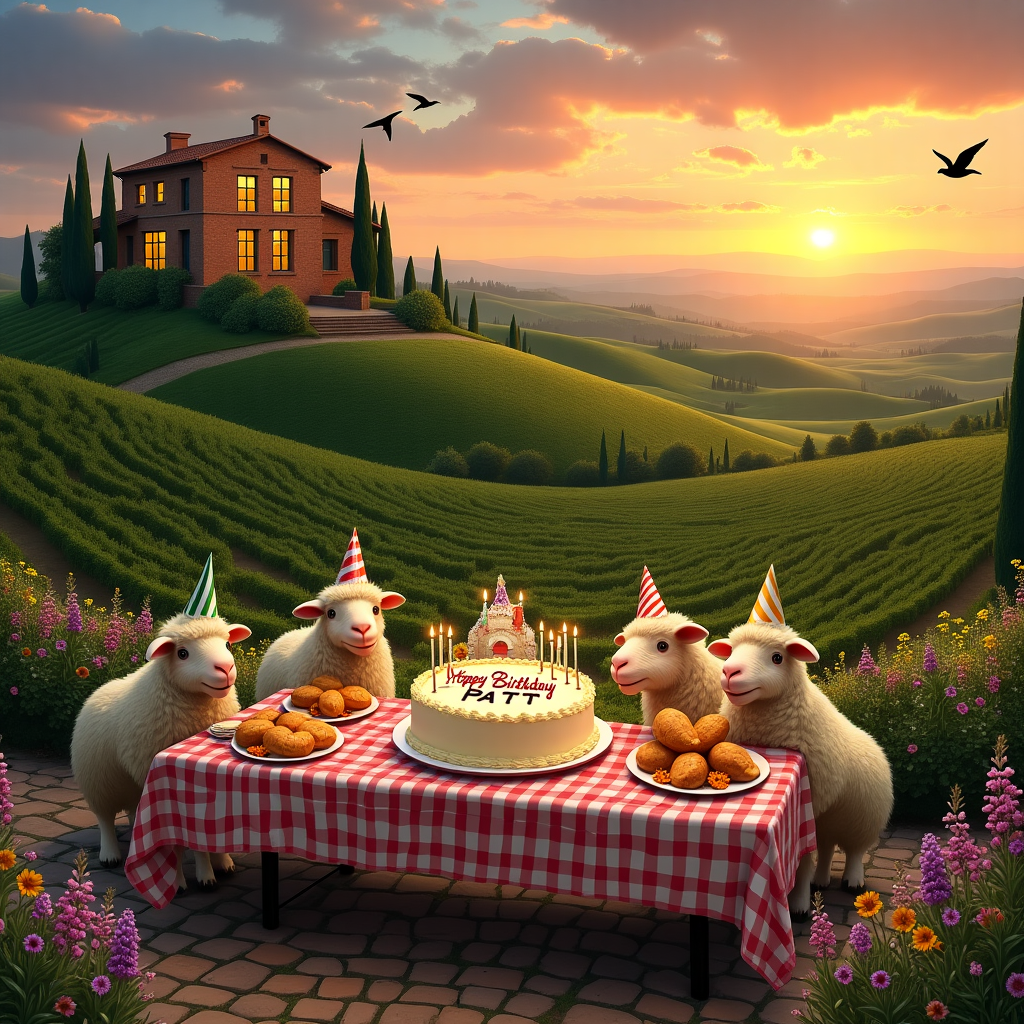 Picture a stunning panoramic view of the rolling hills of Tuscany, their vibrant green hues gently kissed by the golden glow of a setting sun. Nestled atop one of these picturesque hills is a charming Italian villa, its rustic brick facade glowing warmly in the soft evening light. The villa is surrounded by rows of lush, verdant vineyards, each vine heavy with plump grapes, hinting at the promise of a fine wine. In the foreground, a cobblestone pathway meanders through a field of blooming wildflowers, their colors a dazzling array of purples, yellows, and reds.

Amidst this serene landscape, a whimsical touch of humor unfolds. A group of jovial sheep, donning tiny party hats, are gathered around a long table set for a birthday feast. The table, adorned with a checkered tablecloth, is laden with an assortment of traditional Italian delicacies like antipasti platters and freshly baked focaccia. A large, elaborate birthday cake, covered in creamy icing and topped with an edible replica of the villa, takes center stage. On the cake, icing sugar clouds form in the sky above the villa, cleverly spelling out "Happy Birthday Patti" as if drawn by the breeze itself.

In the background, the sun continues its descent, casting an array of brilliant colors across the sky - oranges, pinks, and purples blending seamlessly into one another. The villa's windows reflect the sunset, creating a mirrored illusion of fiery brilliance. A pair of Italian swallows dart across the horizon, adding a touch of life and movement to the tranquil setting. This delightful scene blends the elegance of Tuscany with playful birthday cheer, celebrating Patti's special day with a picturesque Italian twist.
Generated with these themes: Hills of Tuscany, Beautiful sunset, and Italian villa.
Made with ❤️ by AI.