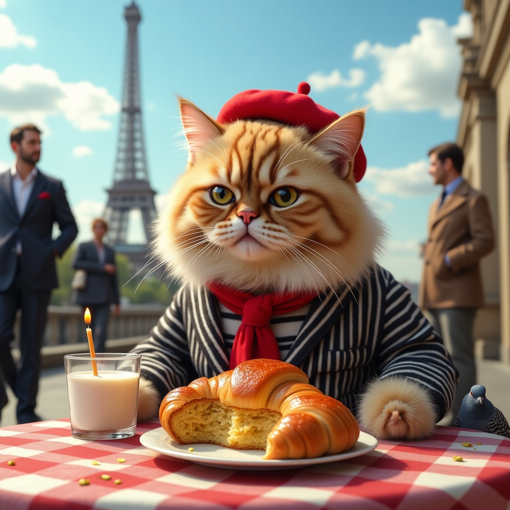 At the top of the realistic photograph image: *Happy Purr-thday, Bow – You’re the Cat’s Baguette!*

**Prompt:**  
A highly detailed, realistic photograph of a fluffy, grumpy Persian cat dressed in a tiny striped Parisian outfit, complete with a red neck scarf and a miniature beret. The cat is perched confidently at a cozy café table near the Eiffel Tower, glaring dramatically at a half-eaten birthday cake shaped like a giant croissant. A tiny glass of milk sits beside a small candle lit crème brûlée. In the background, stylish Parisians walk by looking bemused, and a couple of pigeons eye the cake with jealousy. The sky is bright blue with fluffy white clouds and a hint of the Eiffel Tower's upper structure shimmering behind the scene. The cat is the star—haughty, hairy, and clearly annoyed by the fuss.
Generated with these themes: Persian cat in Paris, Eiffel tower, and .
Made with ❤️ by AI.