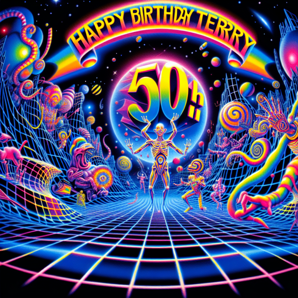 Visualize a mesmerizing scene in vivid, kaleidoscopic colors, echoing the ambiance of a 1990's psychedelia-infused techno party. Brightly hued geometric figures and bent grid patterns hover in an environment evocative of outer space, enveloping a magnified, distorted 'Happy 50th Birthday Terry' text in a bold, trippy font. The backdrop is an enthralling mix of imaginary beings and abstract forms that throb in harmony with an unperceived rhythm. The scene carries the aesthetic of 90's UK underground party posters, delivering a sense of nostalgia crafted especially for Terry's significant celebration.
Generated with these themes: Happy 50th Birthday Terry, 90's acid techno rave music scene, style of a UK Rave flyer.
Made with ❤️ by AI.