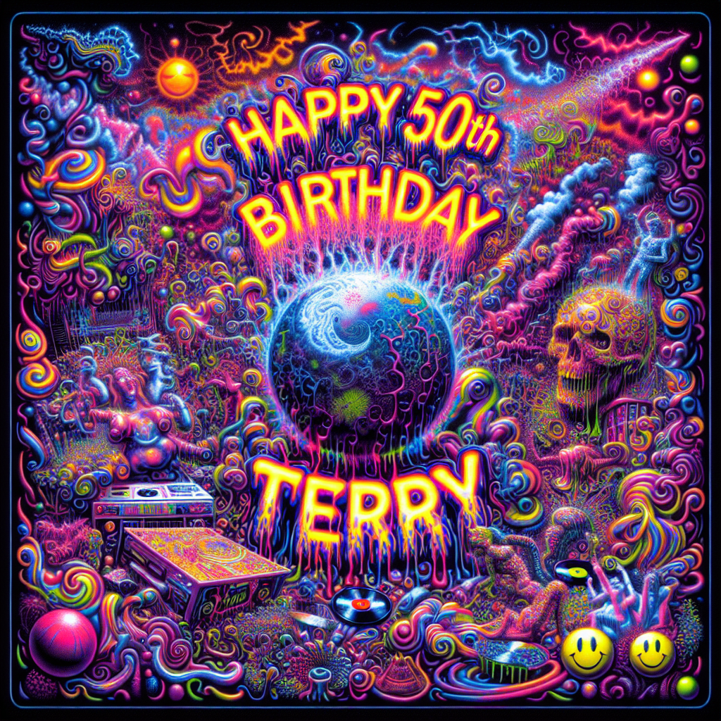 Create an image that is a chaotic mixture of neon colors and abstract shapes, capturing the spirit of the 90's UK acid techno scene. In the center of this illustration, the phrase 'Happy 50th Birthday Terry' should prominently feature in a distorted and electrifying font style that is reminiscent of rave flyers. Surrounding this central message, include swirling fractals and strange, dreamy figures that seem to dance in a space that seems impossible. Integrate hidden images of vinyl records and smiley faces as a nod to significant symbols of this era in music history. The overall design should feel like a surreal and time-distorted birthday tribute with a strong rave culture aesthetic.
Generated with these themes: Happy 50th Birthday Terry, 90's acid techno rave music scene, style of a UK Rave flyer.
Made with ❤️ by AI.
