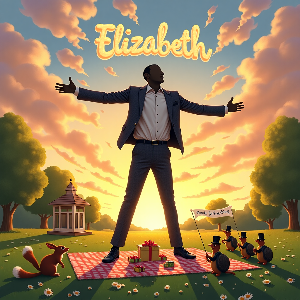 In this quirky thank-you card scene, we find ourselves in a picturesque park during the golden hour of a late afternoon. The scene captures a tall, lanky silhouette of a man joyously outstretched against a vibrant sky. His arms and legs are hilariously exaggerated, reaching wide as if trying to touch both sides of the card. The man wears an oversized polka-dotted suit, adding a playful touch to his already humorous stance. Below his outstretched arms, a small group of animated woodland creatures, including a curious squirrel and a cheeky rabbit, gather around a giant picnic blanket spread with an assortment of thank-you notes and little gift boxes, adding whimsy to the scene. 

The sky is a masterpiece of nature, swirling with hues of orange, pink, and purple. Amongst the clouds, the name "Elizabeth" is artfully scripted in fluffy white cloud letters, perfectly positioned above the silhouette's head, as if the clouds are the thoughts of gratitude floating from his mind to Elizabeth. In the background, there's a small bandstand where a duck quartet, wearing tiny bow ties, plays miniature instruments, enhancing the comical aspect of the scene. The lush green grass below is dotted with daisies, and a family of turtles wearing tiny top hats marches across the scene, carrying a banner that says, "Thanks for Everything!" This humorous, detailed setting is sure to bring a smile to Elizabeth's face while conveying heartfelt gratitude.
Generated with these themes: Tall man silhouette arms and legs outstretched.
Made with ❤️ by AI.