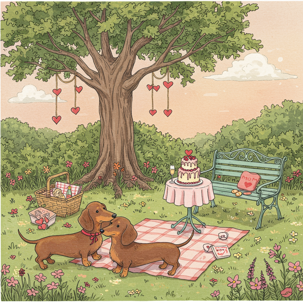 The greeting card features a charming hand-drawn scene of a cozy Valentine's Day park, filled with whimsical details and a touch of vintage charm. The illustration style is a blend of the intricate line work reminiscent of Aubrey Beardsley and the enchanting storytelling seen in Maurice Sendak's work.

In the foreground, two endearing dachshunds are playfully intertwined in a heart-shaped embrace, their long bodies curving around each other. They are rendered with detailed, expressive features, capturing their characteristic droopy ears and wagging tails. The dachshunds are a rich chestnut brown, with one sporting a small red bow around its neck for a festive touch.

The background is a lush garden scene, with meticulously illustrated foliage that nods to Arthur Rackham's enchanting detail. A large, sprawling oak tree occupies the center of the card, its branches forming an intricate lacework against the sky. Tiny red and pink hearts dangle from the branches like ornaments, gently swaying in the imagined breeze.

On the right, a vintage-style wrought iron bench is visible, painted a soft pastel green, with curling, ornate armrests. Beside it, a small round table is set with a dainty pink tablecloth, on which rests a classic tiered cake adorned with delicate sugar flowers. Across the top tier of the cake, in flowing icing script, is the word "Mom", adding a sweet, personal touch.

In the distance, a delicate watercolor wash suggests a serene sky, transitioning from soft lavender to a dusky peach. Against this gentle backdrop, fluffy clouds are outlined with subtle, whimsical curls, reminiscent of Maxfield Parrish's dreamlike skies.

Scattered throughout the scene are additional elements of charm: a tiny picnic basket filled with illustrated sandwiches and a bottle of bubbly, and a scattering of vibrant, hand-drawn wildflowers like those found in Beatrix Potter's works, with their soft pastels and intricate petal work.

The entire scene is enclosed within a subtle, decorative border of interlocking vines and tiny hearts, adding a frame that echoes Edward Gorey's attention to line detail, guiding the viewer's eye and giving the card a timeless, handcrafted feel.
Generated with these themes: Dachsunds , and .
Made with ❤️ by AI.