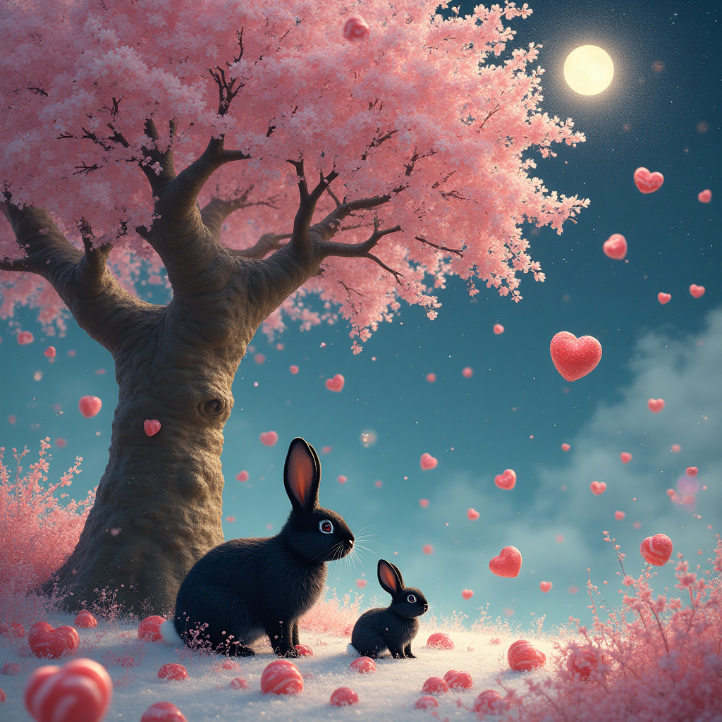 Cherry tree, Black rabbit with white nose, Black lop rabbit, Sweets, Heart, Ziggy stardust, and Birthday Card