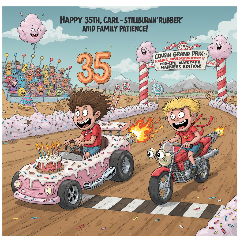 **Prompt for image:**

*At the top of the cartoon image: "Happy 35th, Carl – Still Burnin’ Rubber and Family Patience!"*

Surreal cartoon illustration featuring a high-octane birthday scene where Carl, a wide-eyed cartoon character with wild hair, is driving a melting race car made of birthday cake. Flames shaped like balloons trail from the exhaust, and the number "35" floats above like a finish line banner made of licorice.  

Right beside him, a giggling cartoon cousin rides a turbo-charged motorcycle that's part snail, part machine, with googly eyes on the handlebars. Both are locked in a candy-fueled drag race across a surreal desert made of sprinkles and ice cream mountains. Speed lines are made of confetti, and instead of an audience, sentient party hats cheer them on from cotton-candy grandstands. A racetrack sign in the background says "Cousin Grand Prix: Mid-Life Madness Edition".
Generated with these themes: Car, Motorcycle, Racing, 35, and Cousin.
Made with ❤️ by AI.