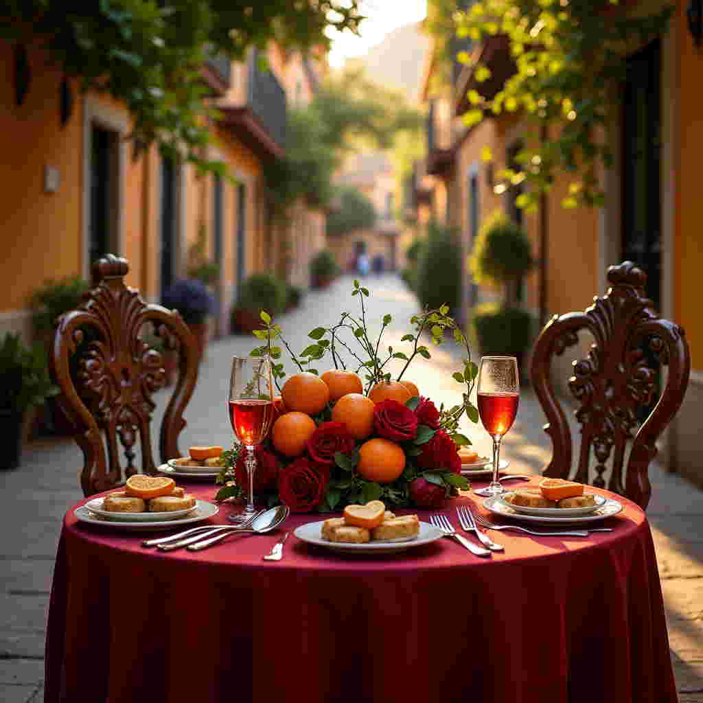 In the vibrant heart of Seville's Santa Cruz neighborhood, beneath a canopy of fragrant orange trees, lies a whimsical table set for two—a quirky testament to love's unpredictability. The scene captures a moment at twilight, with the sun casting a golden hue over the cobblestone street. The table is draped in a rich, crimson cloth, adorned with a centerpiece made from an eccentric arrangement of Seville oranges and deep red roses intertwined with delicate tendrils of ivy. At the center, a pair of mismatched, elaborately carved wooden chairs invite the lovers to sit. On the table, whimsical wine glasses shaped like orange halves brim with sparkling sangria, and plates artistically display tapas—a playful assortment of heart-shaped
Generated with these themes: Valentine, Seville, Table for two, Orange trees, and Santa cruz.
Made with ❤️ by AI.