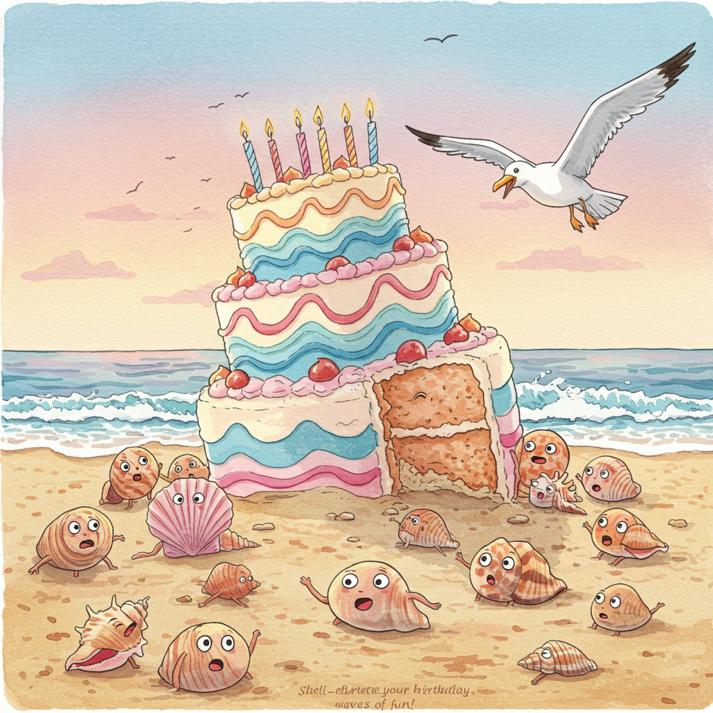 Beach, sea shells, birthday cake, and Birthday Card
