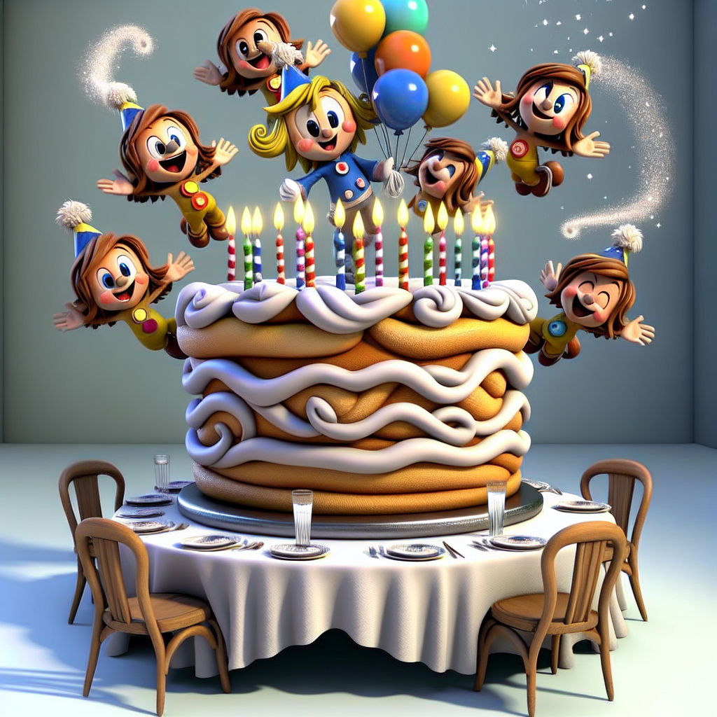 A jovial cartoon-styled setting with a hefty, endearing birthday cake as the centerpiece. The decoration on the cake resonates with gaiety apropos of the birthday motif. Characters sporting airy, billowy trousers infuse magical charm as they levitate around the cake, reminiscent of balloons. A logo similar to a popular real estate brand is deftly inserted into the scene, featuring on party particulars like tabletop napkins and dishware, weaving a hint of realism into the animated birthday jubilation.
Generated with these themes: Cake, floaty trousers, rightmove.
Made with ❤️ by AI.