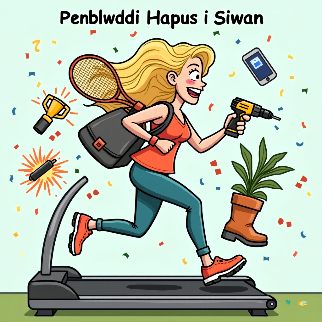 **Image Prompt (Funny Birthday Cartoon Style):**

A vibrant cartoon scene showing a chic, sporty, glowing woman resembling Siwan—5ft 5, blonde with long flowing hair, beautiful rosy cheeks, and a slim, energetic frame—performing the ultimate multitask. She’s hilariously sprinting on a treadmill while juggling her fabulously chaotic life:

- A **tennis racket slung over one shoulder**, stylish like a Wimbledon champion.
- A **glamorous designer handbag** over the other, casually chic.
- One foot wears a **sleek high heel**, the other is stomped into a muddy **gardening welly**.
- She brandishes a **cordless drill like a golden trophy** in one hand—DIY queen vibes.
- The other hand carefully clutches a **potted plant**, green thumb on the go!
  
Around her, comically flying objects: a fitness tracker blinking wildly, birthday confetti bursting in the background, and her phone balancing in mid-air showing a missed Zoom call. All elements come together to highlight the fabulous, chaotic multitasking legend she is!

**At the top of the cartoon image (text in Welsh):**  
*“Penblwydd Hapus i Siwan – Seren y Tredmil, Tenis a Torrwr!”*  
(Translation: “Happy Birthday to Siwan – Queen of the Treadmill, Tennis & Tools!”)
Generated with these themes: A chic woman (resembling Siwan – sporty and glowing with energy) balancing:  A tennis racket over one shoulder  A designer handbag over the other  One high heel on one foot and a muddy gardening welly on the other  Holding a cordless drill like a trophy in one hand  A pot plant in the other  All while running on a treadmill!, She is 5ft 5, blonde with long hair, beautiful cheeks and slim., and She is my daughter and the wording should be in the Welsh language.
Made with ❤️ by AI.