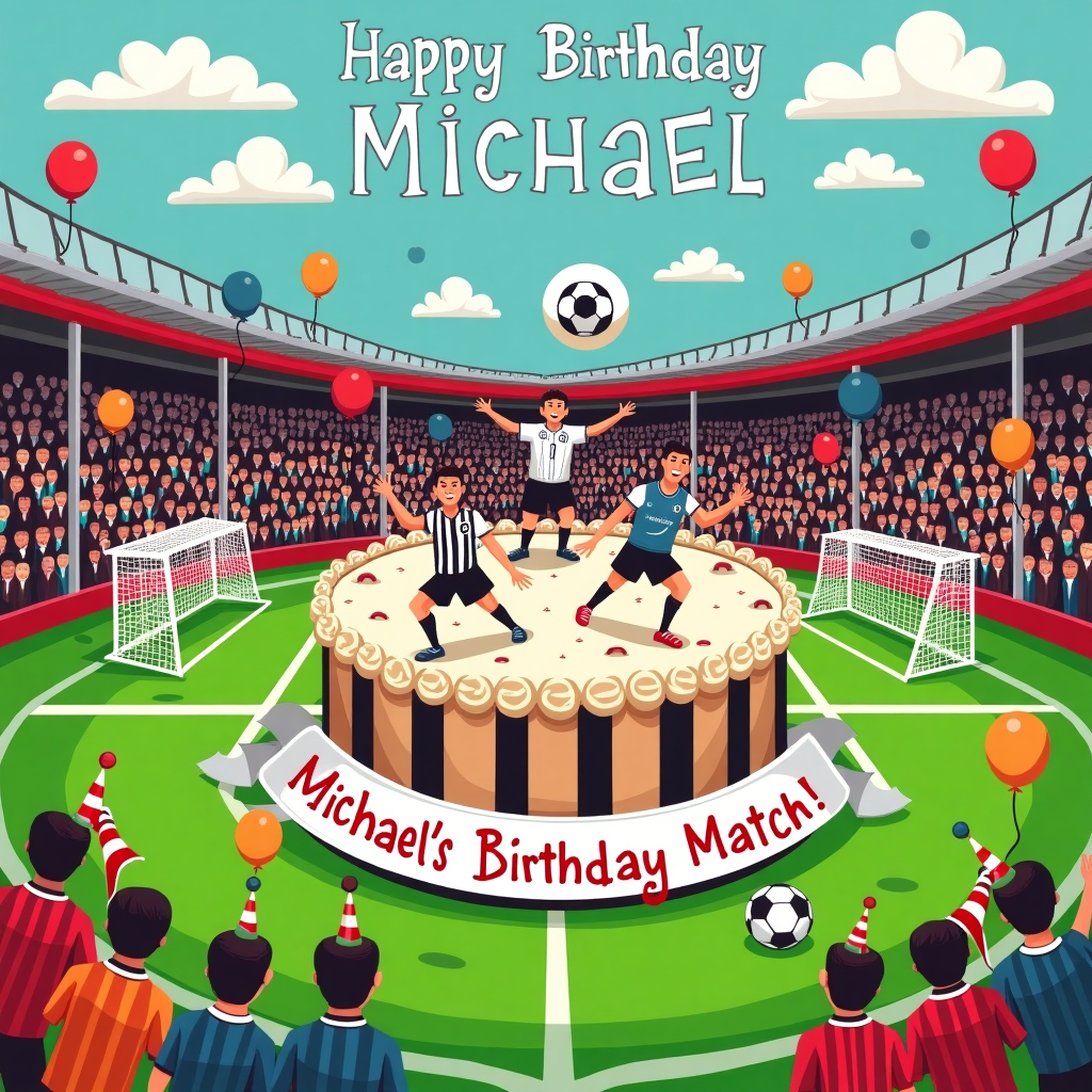 On the front cover of this quirky birthday greeting card, imagine a bustling, energetic scene set at a stadium on match day. The stands are brimming with enthusiastic fans, some dressed in the iconic black and white stripes of Newcastle FC, while others are decked out in the striking red of Liverpool FC. The lush green pitch is the backdrop for a comically oversized birthday cake, strategically placed in the center circle, complete with a football-themed design. The cake is topped with miniature players from both teams, cleverly sculpted from icing, engaging in a playful match on the cake itself. Above the cake, skywriting in fluffy white clouds spells out "Happy Birthday Michael!" with a little football flying through the air, cleverly drawn to dot the 'i' in Michael. Alongside the cake, there's a birthday banner hung from the goalposts, proclaiming "Michael's Birthday Match!" with tiny balloons in team colors fluttering in the breeze. Scattered around the pitch are oversized party hats perched on the heads of the mascot magpie of Newcastle and the liver bird of Liverpool, both seemingly engaged in a cheeky game of tug-of-war over a football. This playful and detailed scene captures the vibrant energy of a football match day while celebrating Michael's birthday in an unforgettable way.
Generated with these themes: Newcastle FC V liverpool Fc match .
Made with ❤️ by AI.