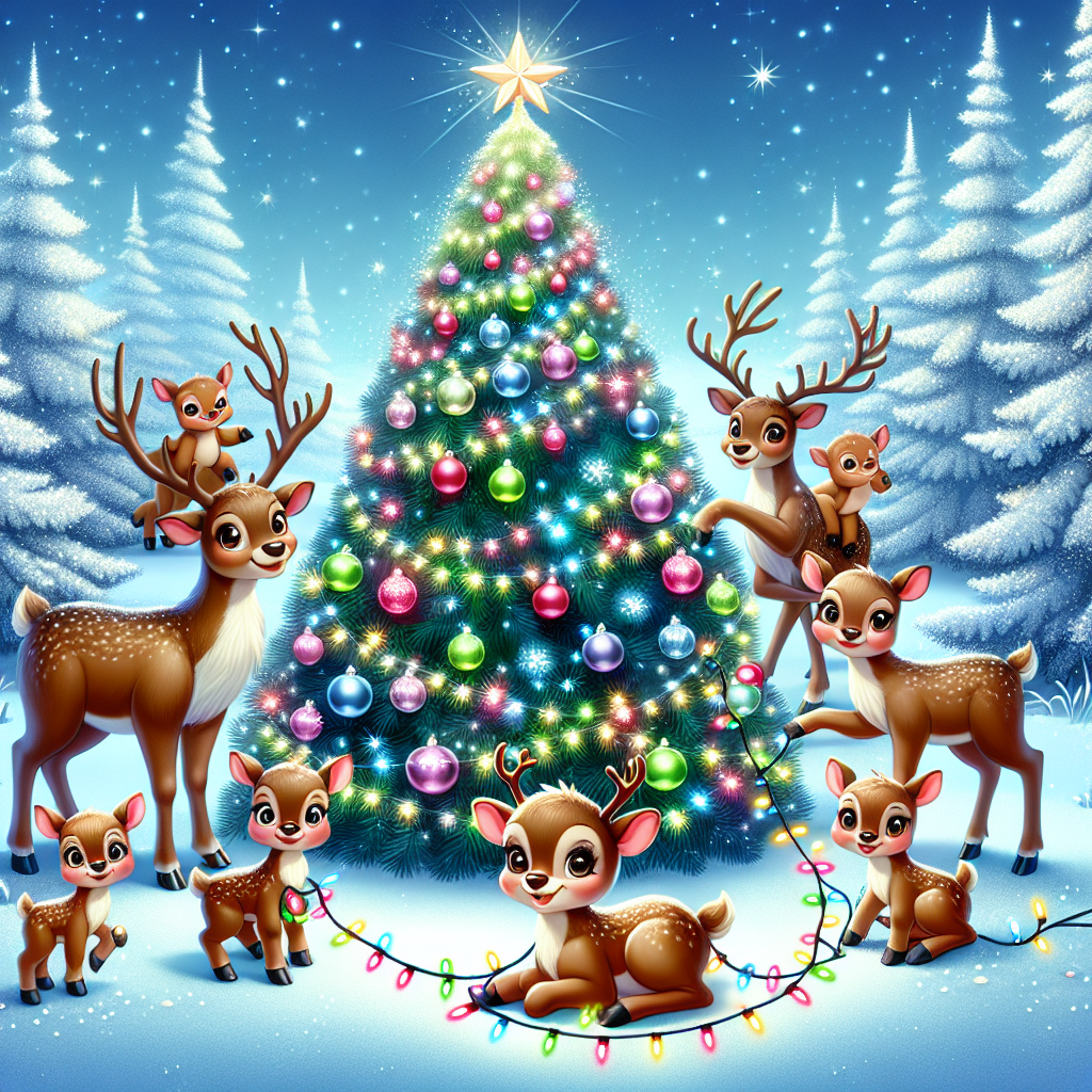 An adorable illustration portrays a family of cartoon reindeer gathered around a lavishly decorated Christmas tree in a snowy clearing. The tree sparkles with colorful lights and baubles, with a shiny star perched atop. In the foreground, one young reindeer entangles itself playfully in a string of lights.
Generated with these themes: Christmas .
Made with ❤️ by AI.