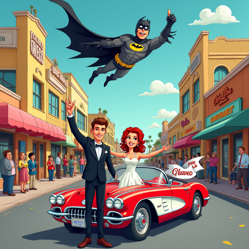 **Image Prompt:**

In a lively, cartoonish Las Vegas strip, a beaming brown-haired man, in a tuxedo, stands arm-in-arm with a radiant red-haired woman in a vibrant wedding dress. They're posing triumphantly in front of a classic, cartoonish red Corvette, which has a "JUST MARRIED" banner fluttering from the back. 

Above them in the sky, a comically over-exaggerated, caped Batman character is seen giving a thumbs-up from a nearby building's rooftop, his cape flapping dramatically in the wind. The scene is bustling with colorful, playful characters all around, some cheering, others snapping photos. 

In bold, quirky letters at the top, it reads: "Holy Matrimony, Batman! They've Hit the Jackpot!"
Generated with these themes: Vegas, brown haired man, red hair woman, corvette, batman, and .
Made with ❤️ by AI.