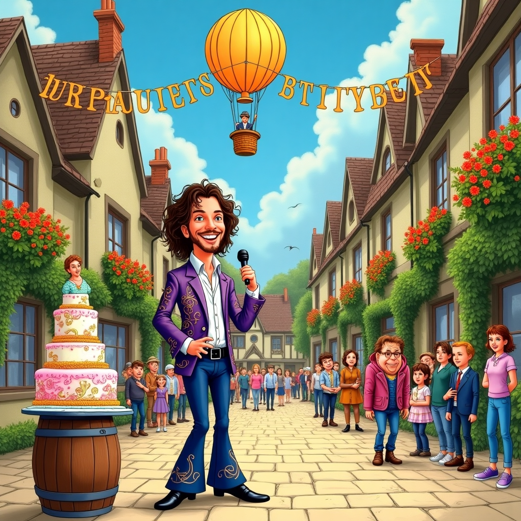 The scene unfolds in a whimsical, hand-drawn illustration that combines the playfulness of Quentin Blake and the intricate detail of Aubrey Beardsley, with a splash of Maxfield Parrish's vibrant colors. 

In the foreground, a caricature of Donny Osmond stands joyfully on the cobbled streets of Keynsham. He’s depicted in a flamboyant 70s-style outfit, complete with flared trousers and a wide-collared shirt, both decorated in swirling patterns of purple and gold. His trademark smile beams brightly as he holds a microphone in one hand, animatedly singing to an unseen crowd.

Behind him, quaint, detailed houses line the street, reminiscent of Beatrix Potter’s cozy English cottages, their windows adorned with flower boxes overflowing with bright, colorful blooms—red geraniums, yellow daisies, and cascading ivy in rich greens.

Above, a deep blue sky is punctuated by fluffy white clouds. A vintage-style hot air balloon, drawn with the meticulous care of Arthur Rackham, floats by. Suspended from it is a cheerful banner reading "Julia" in elegant, looping script. The letters are crafted from golden vines intertwined with tiny blossoms, catching the sun’s light.

To the left, a whimsical birthday cake stands on a makeshift table, which is an old, weathered wooden barrel. The cake is a multi-tiered masterpiece of vibrant pastel colors—pinks, blues, and greens—with elaborate icing decorations that echo the elegance of Edward Gorey’s linework. Perched atop the cake is a tiny, intricately detailed sugar sculpture of Donny Osmond himself.

In the background, a crowd of tiny, expressive figures, drawn in a style reminiscent of Maurice Sendak, gathers to watch Donny perform. Each character is unique, with exaggerated features and delightful, quirky clothing, adding a lively, animated feel to the scene.

The cobbled street underfoot is drawn with careful attention to detail, each stone rendered with textural intricacy. In the corner of the card, a playful tabby cat, depicted with the charm of N.C. Wyeth, peeks around a corner, adding a touch of mischief.

Overall, the scene is a delightful cacophony of colors and details, capturing a joyful moment in a small English town with the charm and intricacy of a masterful hand-drawn illustration.
Generated with these themes: Donny Osmond visiting Keynsham.
Made with ❤️ by AI.