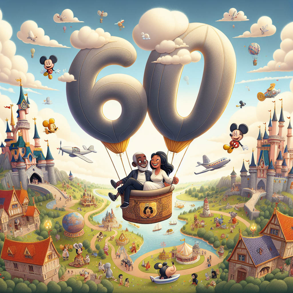 Picture a heartwarming illustration with a mood of celebration for a 60th milestone. The backdrop features an enchanting and whimsical castle, evoking feelings of magic and adventure. A diverse couple, a Caucasian man, and a Black woman, are nestled together in a hot air balloon, shaped similar to a popular cartoon mouse, floating amid the clouds that form the number '60'. Below, a landscape filled with representations of destinations popular for travel is laid out, with characters reminiscent of cheerful cartoons mingling around, contributing to the festive atmosphere. The entire scene exudes a tone of playful exploration, encapsulating the joy of shared journeys over six decades.
Generated with these themes: 60th, Disney, Cuddle, Travel, and Fun.
Made with ❤️ by AI.