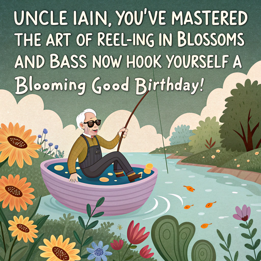 At the top of the image, "Uncle Iain, you've mastered the art of reel-ing in blossoms and bass – now hook yourself a blooming good birthday!"

- In the center of the image, illustrate a whimsical, surreal garden that seems to be growing out of a pond. A white-haired, short-bearded man (Uncle Iain) sits peacefully in a giant floating teacup, holding a fishing rod. Instead of fish, he's caught flowering cabbages, sunflowers wearing sunglasses, and kale doing synchronized swimming.

- The teacup is floating in a sky that ripples like water, with garden gnomes flying on dragonflies and watering the air with tiny cans.

- Around the pond-garden, trees have spoons for leaves, and butterflies are actually slices of cake with flapping wings.

- A friendly frog wearing a birthday crown leaps from a lily pad that resembles a decorated cupcake.

- Soft pastel tones with surreal lighting effects give the image a dreamlike birthday feel.
Generated with these themes: Man with white hair and short white beard fishing and creating amazing garden.
Made with ❤️ by AI.