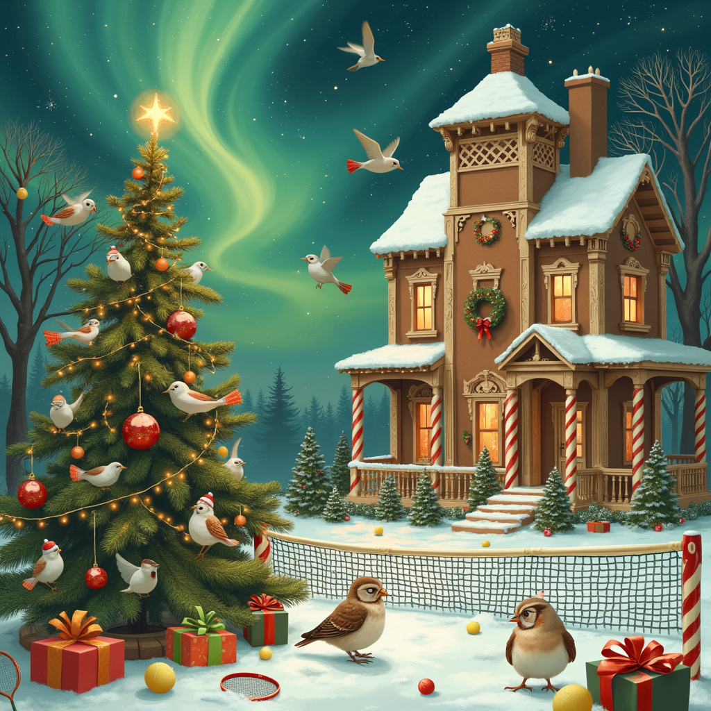 Certainly! Here's a detailed description of the surreal illustration Christmas-themed scene with birds and tennis, featuring the name "Silly Robot Cards":

---

In the foreground of the scene, we have a grand, intricately decorated Christmas tree, festooned with twinkling fairy lights, vivid ornaments shaped like tiny tennis rackets, and glistening baubles painted with delicate bird motifs. Nestled within the tree’s branches are whimsical tennis-playing birds, some wearing tiny Santa hats and others adorned with festive scarves. A couple of the birds are mid-game, flying and hitting a miniature tennis ball back and forth with their beaks.

To the left, a vintage-style tennis net, reminiscent of something from a Norman Rockwell painting, stretches between two candy cane posts. The ground is dusted with a light layer of snow that glistens like crushed diamonds. Nearby, a snow-covered tennis court features birds dressed in classic tennis whites, complete with headbands and wristbands, engaged in an animated doubles match.

In the background, an elegant Victorian house with gingerbread trim, taking inspiration from the architectural lines of Beatrix Potter's illustrations, stands tall and cozy. Christmas lights twinkle in every window, and a wreath adorned with small tennis balls hangs on the door. Above the house, the sky is a dreamscape of swirling auroras in shades of emerald green and deep blue, echoing Maxfield Parrish’s enchanting skyscapes.

Hovering in the sky, crafted from wisps of clouds, are the words "Silly Robot Cards," intricately spelled out as though written by the hand of Gustave Doré. These cloud-letters shimmer with a soft, celestial glow, adding a magical touch to the already surreal setting.

On the right side, an old-fashioned tennis umpire’s chair, constructed of candy canes and gingerbread, stands tall. Perched atop the chair is a wise old owl with a monocle, holding a tiny scorecard, overseeing the matches with a stern yet whimsical expression.

Scattered throughout the snow are various Christmas gifts, wrapped in paper that features illustrations reminiscent of Quentin Blake’s playful style. Each gift is topped with oversized bows and tags shaped like bird feathers and tennis balls.

Finally, at the base of the Christmas tree, a small group of birds, including robins and blue jays, sing carols while standing on a snowy tennis racket used as a makeshift stage, their tiny beaks open wide, adding a touch of Maurice Sendak’s expressive character designs to the scene.

This vibrant, detailed illustration beautifully combines the magic of Christmas with the quirky charm of birds and tennis, all while subtly incorporating the name "Silly Robot Cards" into the enchanting sky above. 

---

This detailed scene should provide the artist with a rich tapestry of imagery to bring this unique Christmas greeting card to life.
Generated with these themes: Birds, and Tennis.
Made with ❤️ by AI.
