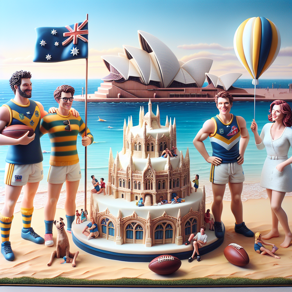 A charming picture depicting a group of four friends, two men and two women, on a beach. They are all dressed in sports outfits reminiscent of Australian footy jerseys, adding a touch of competitive spirit to the scene. The backdrop takes place on a well-known Australian beach, teeming with excitement from a casual beach football match. The highlight of the gathering, an intricately crafted birthday cake, is made to resemble a famous architectural building which bears a striking resemblance to the look of the Sydney Opera House. A playful environment is established with the addition of balloons, elaborately designed like the flag of Australia, swaying gently in the sea breeze.
Generated with these themes: Always Sunny in Philadelphia, Australia, and Football.
Made with ❤️ by AI.
