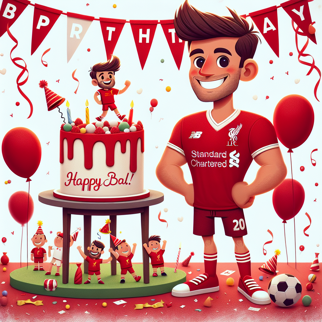 A playful birthday-themed illustration featuring a cheerful male figure with physical qualities matching an average adult man, happily posing in a Liverpool FC jersey. The scene is set amidst festive balloons and streamers, and features a whimsical cake decorated in red and white, the colours of Liverpool FC, with a football gracing its top. The background is filled with tiny, endearing caricatures of football fans in red attire, thus creating a light-hearted, celebratory atmosphere.
Generated with these themes: Nicolas cage, and Lfc.
Made with ❤️ by AI.