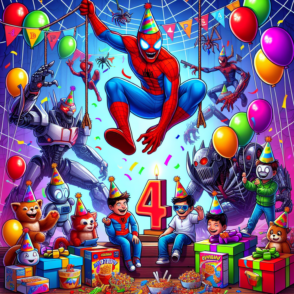A vibrant birthday illustration filled with cheer showcases a superhero in a red and blue suit swinging from web-like structures above a festive party scene. Alongside him, an assembly of superheroes, each character donning a party hat. In the corner, robot-like figures from a popular horror game add a playful scare, holding colorful balloons and boxes of generic children's cereal. The birthday boy, who is turning 4, is at the center with a crown, laughing amidst a clowder of friendly cats. Balloons float around, with the number '4' prominently displayed, celebrating his 4th birthday.
Generated with these themes: Spider-Man , Avengers, 5 nights at Freddy’s , Cereal, Osian, Cats, 4 years old, and Balloon.
Made with ❤️ by AI.