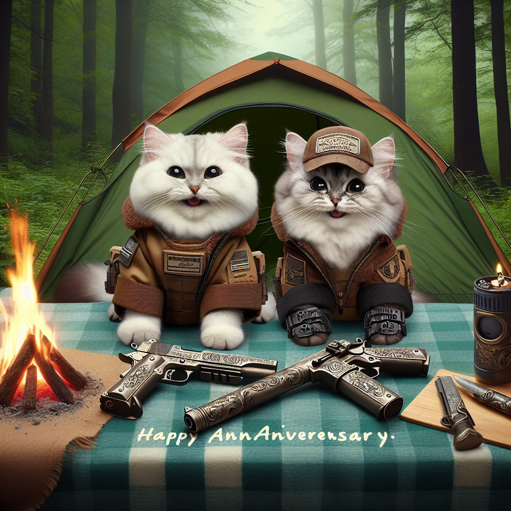 A charming image of an anniversary celebration of two cats, clad in petite tactical gear. They are seen sitting joyously inside a tent with a dense forest serving as the backdrop. Right outside the tent, a hearty campfire is roaring and two ornate firearms with meticulous engravings are crossed atop a picnic blanket, signifying a partnership strengthened through the thrills of adventure and mutual interests.
Generated with these themes: Guns, Cats, Tactical , and Camping .
Made with ❤️ by AI.
