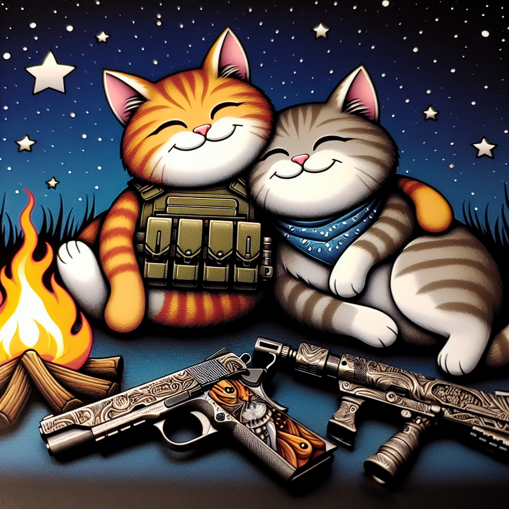 A delightful image of two cats snuggling up next to a campfire under a star-studded night sky, exuding a sense of whimsy. One cat is adorned with a small tactical vest, and the other cat flaunts a bandana. Lounging between them are two intricately engraved handguns, signifying their common hobbies and the bond they cherish and defend.
Generated with these themes: Guns, Cats, Tactical , and Camping .
Made with ❤️ by AI.
