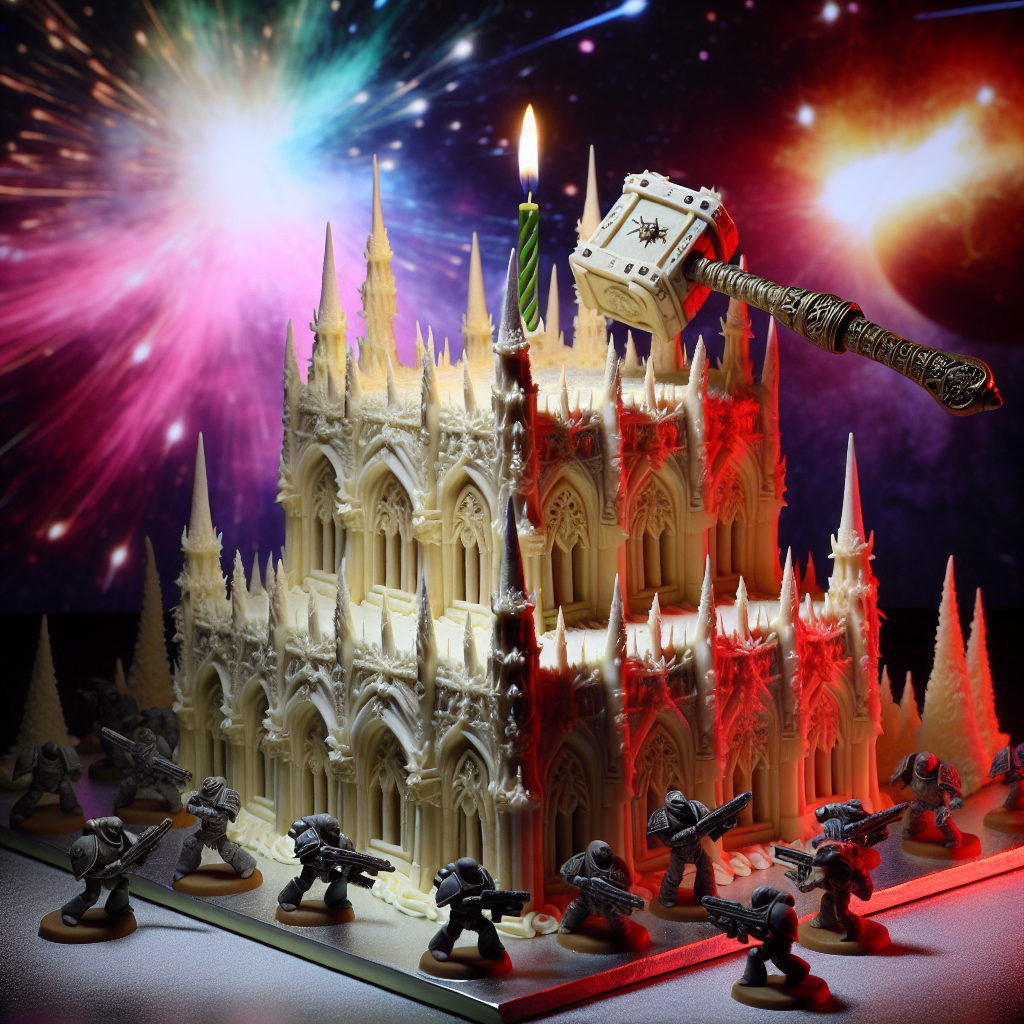 In an unpredictable setting, the somber aspects of an alternate future war scenario blend wonderfully with the joy of a birthday celebration. The centerpiece is an impressive cake reflecting the intricate Gothic architecture reminiscent of a future empire. Each layer is tastefully decorated with small, eatable figures of armored soldiers engaged in a duel with monstrous entities. These intricately created figures create a stark contrast against the majestic, richly iced backdrop of the cake. A well-crafted miniature hammer, replacing the customary candle, rests on the highest tower. The shadow it casts in the vibrant yet eerily chaotic lighting, a blend of festive glow and the inconsistent illumination of distant pseudo-explosions, is truly an aesthetic paradox.
Generated with these themes: War hammer 40k, and Birthday cake.
Made with ❤️ by AI.