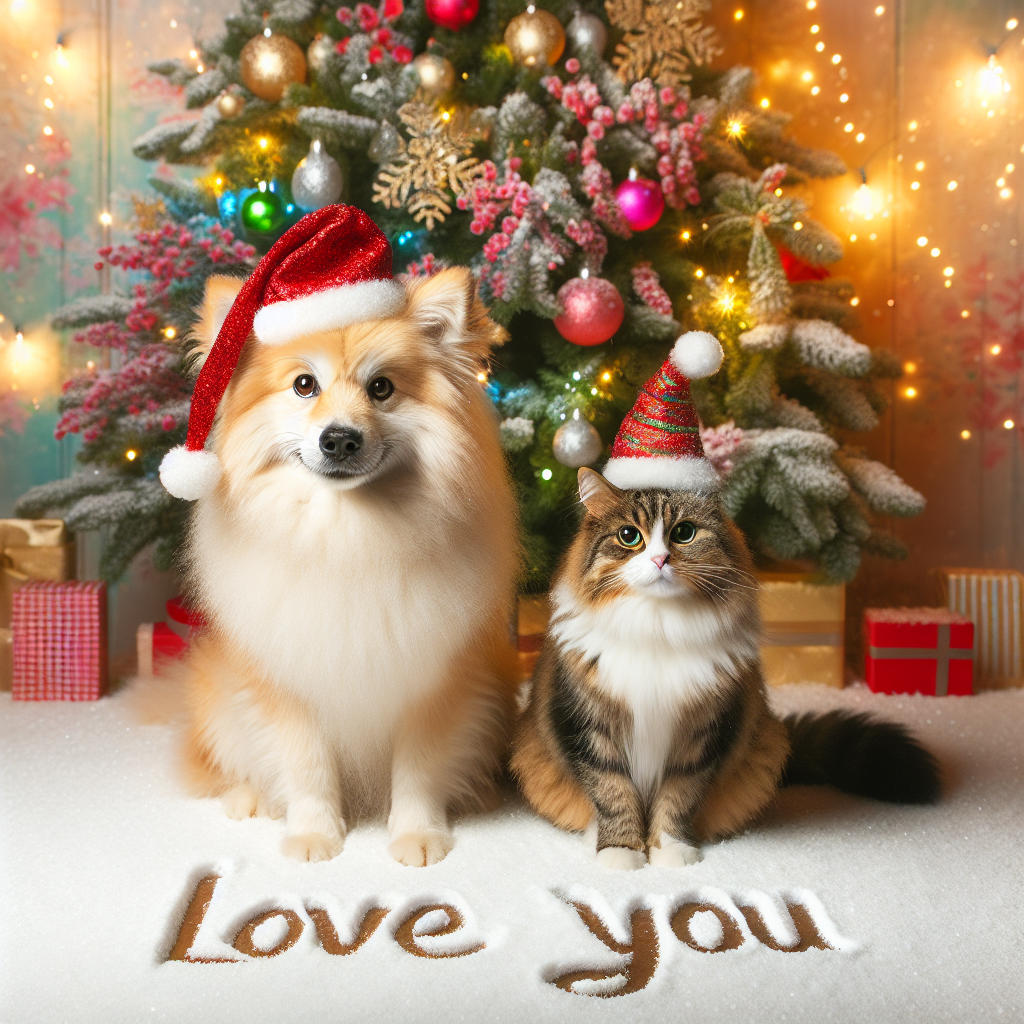 A whimsical Christmas illustration featuring a fluffy dog and a sleek cat sitting beside each other with a backdrop of a warmly lit Christmas tree. The phrase 'Love you' is etched in the snow below them, and they each wear a little Santa hat.
Generated with these themes: Dog , and Cat .
Made with ❤️ by AI.