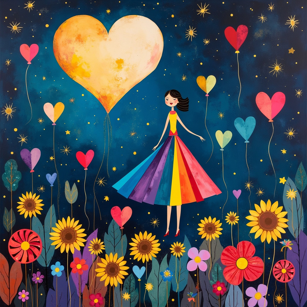 Picture a vibrant anniversary scene set against a kaleidoscopic night sky, reminiscent of Kandinsky’s symphonies of colors and shapes. The background is a deep, velvety indigo, flecked with splatters of shimmering gold and silver stars à la Jackson Pollock’s energetic splashes.

In the center of the composition, a large, luminous moon takes on a whimsical, heart shape, glowing with Rothko-esque layers of soft, ethereal pastels—pinks, blues, and creams—creating a sense of depth and texture. This heart-shaped moon is detailed with subtle, swirling line patterns inspired by Cy Twombly, giving it a dynamic, almost living presence.

Suspended from the moon, as if tethered by invisible strings, is an abstract, geometric figure of a wife, a nod to Piet Mondrian’s primary colors and rigid lines. Her dress is a cascade of overlapping triangles and squares in vibrant reds, blues, and yellows. Her face is a minimalist, de Kooning-inspired swirl of bold lines and playful curves, giving her an animated, joyous expression.

In the foreground, floating mid-air around the wife, are tiny, heart-shaped balloons in a spectrum of vivid colors, each one textured with tiny dots and dashes, echoing the pointillism of Gerhard Richter. These balloons drift lazily, as if caught in a gentle breeze, their strings curling and looping in whimsical patterns.

Below the heart-moon and the floating wife, the ground is a surreal tapestry of abstract, organic shapes à la Joan Miró. Soft, undulating forms in greens, purples, and blues create a dreamlike landscape dotted with abstract flowers and plants that seem to pulse and move. These elements are interwoven with simple, grid-like lines, inspired by Agnes Martin, adding a touch of structured harmony to the whimsical chaos.

This is the playful and enchanting scene of an anniversary celebration in a fantastical, abstract universe—where love is literally in the air, illuminated by the heart-shaped moon, and joyfully anchored by the geometric beauty of a devoted wife.
Generated with these themes: Wife moon heart shaped.
Made with ❤️ by AI.