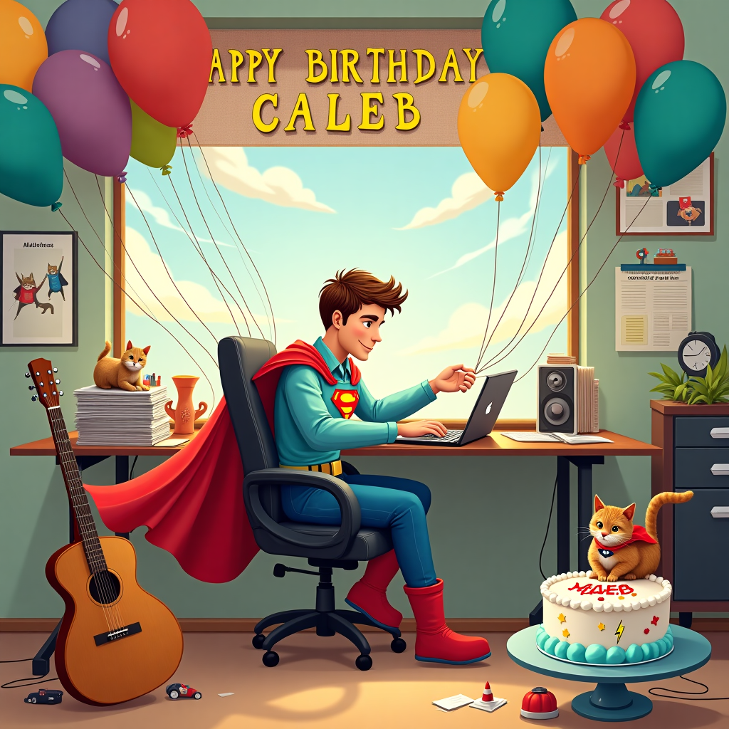 In the whimsical world of this birthday card, the scene opens to a home office bursting with playful energy. A brown-haired man, sporting a superhero costume with a flowing cape and bright red boots, sits confidently in front of a desk that’s slightly cluttered with quirky gadgets and knick-knacks. His chair swivels in mid-motion as if he’s just completed a heroic spin. On the desk, a shiny laptop is propped open, displaying an animated background that includes flying cats, each with capes of their own. 

To the left, a window streams in sunlight that filters through colorful balloons, their strings tied to the back of the man's chair, making it look as though he's about to lift off into the sky. The balloons spell out "HAPPY BIRTHDAY CALEB" in bold, cheerful letters, each balloon a different vibrant color, creating a rainbow effect.

Nearby, a fat tabby cat lounges atop a stack of papers, wearing a tiny mask and cape, playfully pawing at the strings of an acoustic guitar that leans casually against the desk. The guitar itself has decals of stars and lightning bolts, emphasizing the superhero theme. In the corner, a small round table hosts a birthday cake, whimsically shaped like a mountain, with tiny superhero figures climbing its sides. The cake is adorned with icing that resembles clouds, with "CALEB" piped on top in bright blue frosting, standing out against a white fondant sky.

Above all, the room’s wallpaper features a comic strip design, with action-packed panels depicting various antics of superhero cats, an homage to classic comic artists. This lively, humorous scene captures the joyous spirit of Caleb’s birthday, merging everyday home life with the thrilling excitement of comic book adventures.
Generated with these themes: home office with brown haired man dressed as super hero, cats, guitar, birthday cake and  balloons.
Made with ❤️ by AI.