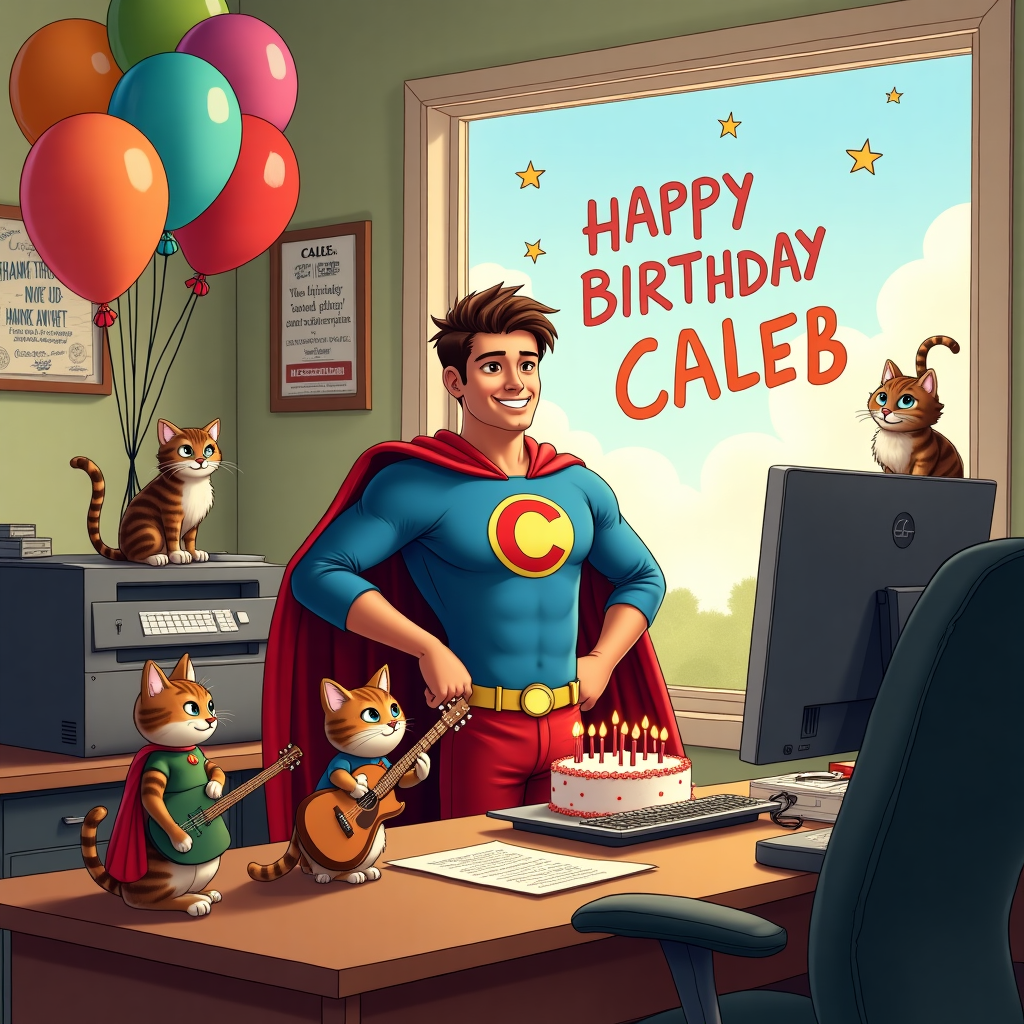 In the quirky and bustling world of Caleb's home office, a charming chaos reigns supreme. Picture this: a brown-haired man stands proudly at his desk, sporting a superhero costume complete with a cape that billows behind him. The cape is emblazoned with a "C" for Caleb, his superhero alter ego. This daring ensemble matches his spirited grin as he gazes towards his computer screen, where a sticky note says, "Saving the day, one email at a time!"

To his right, a tabby cat, perched atop the printer, wears a tiny cape of its own, offering moral support with a mischievous wink. Another cat, this one with a calico coat, attempts to strum a miniature guitar resting against the desk leg, its tail swishing with rhythmic ambition. A trio of cats forms a small band, adding a comical, melodious twist to the scene.

In the background, colorful balloons float joyfully, tethered to the back of Caleb's office chair. They spell out "Happy Birthday Caleb" in bright, jubilant letters, with a star-shaped balloon at the center. On the desk, a birthday cake adorned with candles stands as the centerpiece, a superhero action figure topping it like a triumphant cake guardian.

The walls of Caleb's office are lined with quirky posters: one shows a comic panel of Caleb in full superhero mode, another displays a motivational quote from his favorite comic book hero. In the corner, a window frames a sunny view, with "Happy Birthday Caleb" etched playfully in the clouds outside, as if the sky itself is celebrating his special day.

This vibrant scene captures the whimsical world of Caleb's birthday, where superheroes, cats, music, and joyful chaos converge in delightful harmony.
Generated with these themes: home office with brown haired man dressed as super hero, cats, guitar, birthday cake and  balloons.
Made with ❤️ by AI.