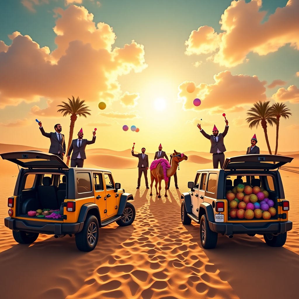 In the vibrant, expansive deserts stretching between Dubai and Riyadh, a group of enthusiastic fund managers are depicted in a light-hearted New Year's celebration. The foreground of the scene captures two jeeps parked with their trunks open, brimming with party supplies like colorful streamers, confetti cannons, and a lavish spread of gourmet treats on picnic tables. Nearby, a camel sporting oversized sunglasses and a party hat is playfully nudging a beach ball with its nose. The fund managers, dressed in a mix of business casual and festive attire like glittering party hats and feather boas, are in various stages of hilarity. One manager is attempting to juggle sand dunes with golden-hued juggling balls that glisten under the relentless sunshine. In the background, sand dunes roll endlessly, with a few palm trees dotting the landscape. The never-ending sunshine is depicted with a bright sun that paints the sky in gradients of orange, pink, and gold, reminiscent of a perpetual sunset. In the sky, artistically shaped clouds spell out "Key Capital" in a whimsical, swirling script, adding a magical touch to the scene. Off to the side, a small oasis with crystal-clear waters reflects the sky and creates an illusion of more sunshine. This tableau captures a unique and humorous fusion of finance and festivity, set in a desert paradise that promises endless fun.
Generated with these themes: Fund managers having fun in the dubai and Riyadh desert , and Never ending sunshine.
Made with ❤️ by AI.