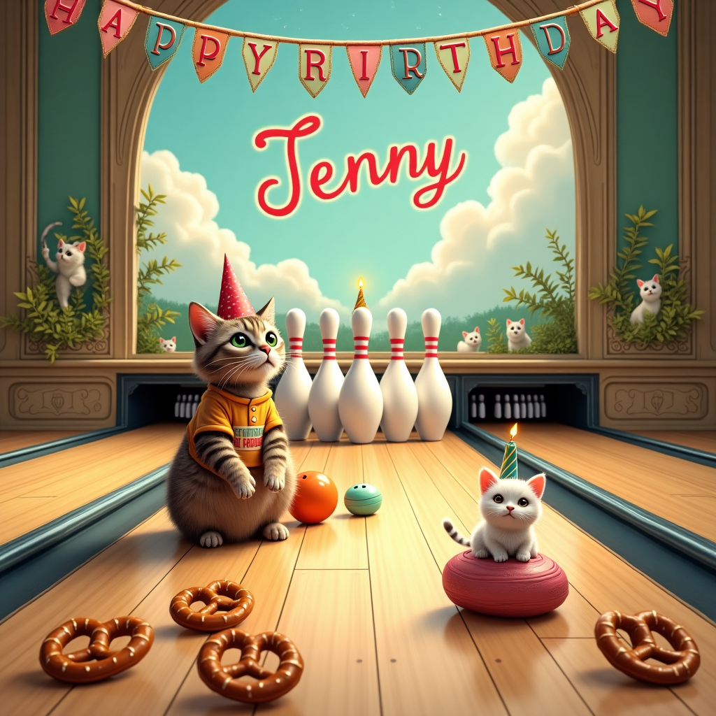 Cats, Pretzels, and Bowling Birthday Card