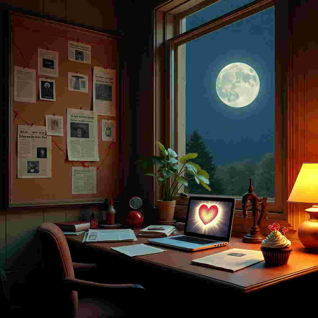 In the foreground, imagine a cozy, dimly-lit room filled with intricate conspiracy paraphernalia. A large corkboard dominates the left side, covered with pinned photos of heart-shaped UFOs, red string connecting different images, and printed documents with headlines like “Aliens Stole My Heart” and “Government Hiding Love Truth.” 

A sleek, metallic desk sits to the right, cluttered with old newspapers, a magnifying glass, and a laptop displaying a blurry photo of a mysterious, heart-shaped crop circle. On the desk, there’s a half-eaten, red velvet cupcake topped with cream cheese frosting, on which the name "Yenn" is written in tiny, delicate red icing.

In the background, an open window reveals a night sky filled with twinkling stars and a full moon. If you look closely, one of the stars is actually a small, heart-shaped satellite with little antennas, sending love signals to earth. Beneath the window, a potted plant grows with green leaves shaped like hearts, adding a touch of nature to the scene.

The color palette features deep, velvety reds, mysterious midnight blues, and pops of silvery white from the moon and stars, with warm, golden light spilling over the desk from a vintage table lamp, casting soft shadows.
Generated with these themes: Conspiracy theories.
Made with ❤️ by AI.
