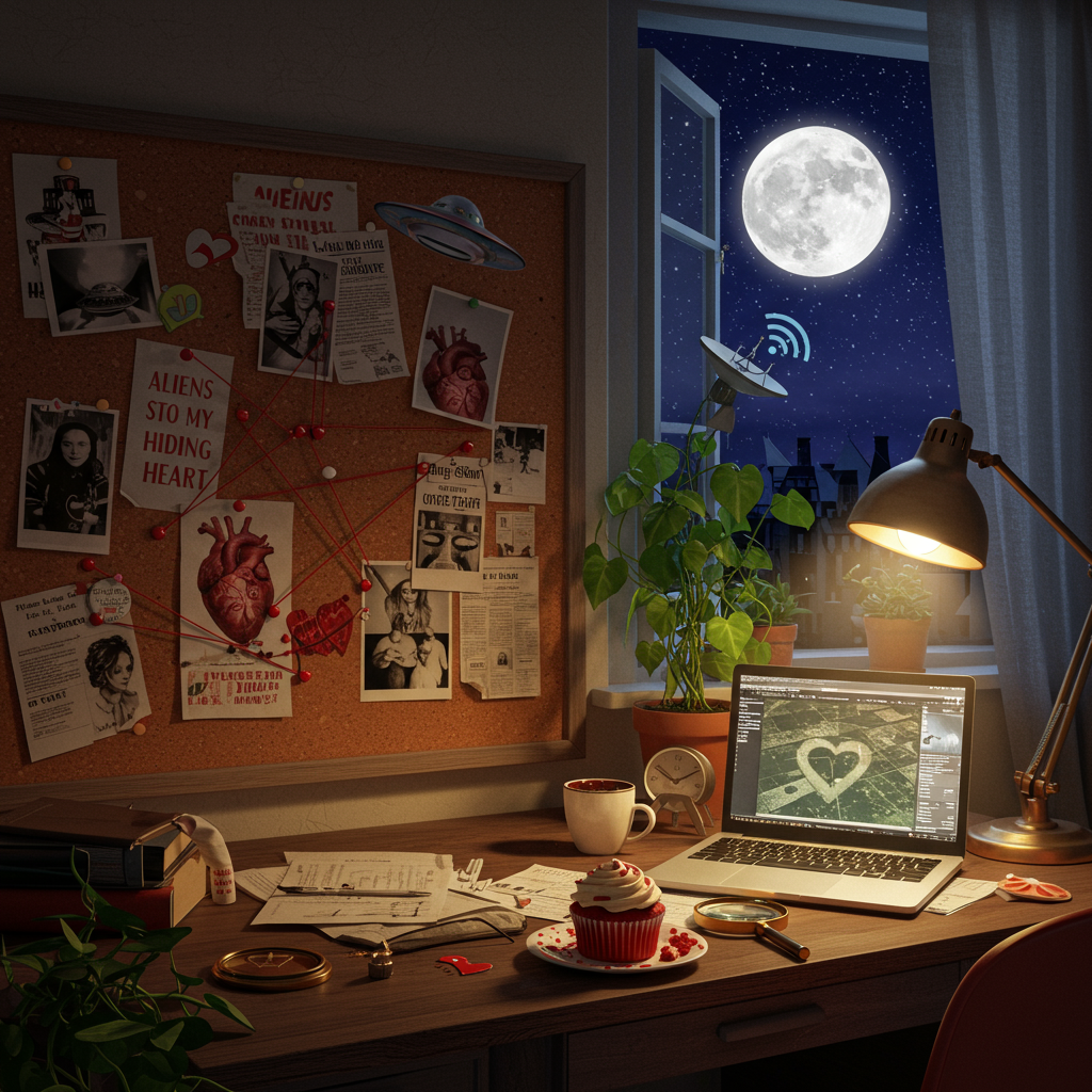 In the foreground, imagine a cozy, dimly-lit room filled with intricate conspiracy paraphernalia. A large corkboard dominates the left side, covered with pinned photos of heart-shaped UFOs, red string connecting different images, and printed documents with headlines like “Aliens Stole My Heart” and “Government Hiding Love Truth.” 

A sleek, metallic desk sits to the right, cluttered with old newspapers, a magnifying glass, and a laptop displaying a blurry photo of a mysterious, heart-shaped crop circle. On the desk, there’s a half-eaten, red velvet cupcake topped with cream cheese frosting, on which the name "Yenn" is written in tiny, delicate red icing.

In the background, an open window reveals a night sky filled with twinkling stars and a full moon. If you look closely, one of the stars is actually a small, heart-shaped satellite with little antennas, sending love signals to earth. Beneath the window, a potted plant grows with green leaves shaped like hearts, adding a touch of nature to the scene.

The color palette features deep, velvety reds, mysterious midnight blues, and pops of silvery white from the moon and stars, with warm, golden light spilling over the desk from a vintage table lamp, casting soft shadows.
Generated with these themes: Conspiracy theories.
Made with ❤️ by AI.