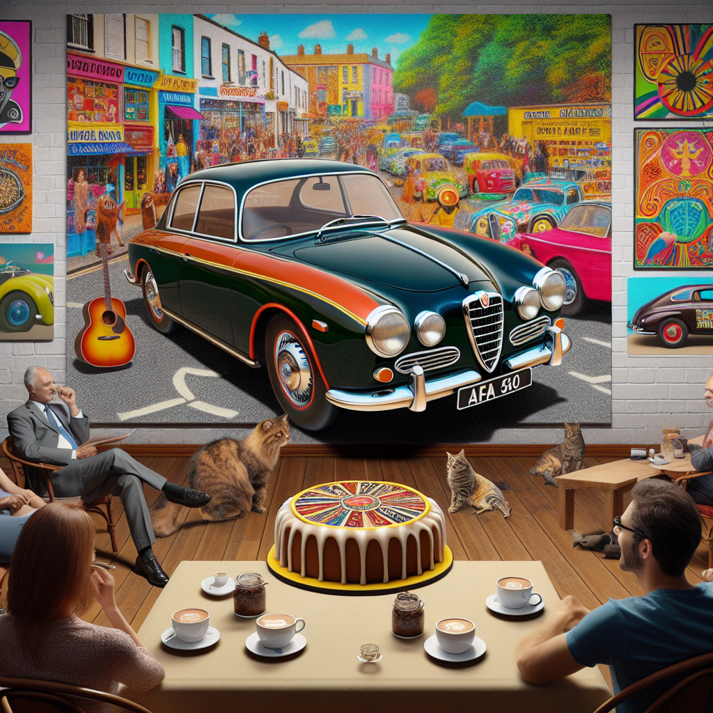 Imagine a charming coffee shop filled with the classic tunes of an old British rock band. The shop is celebrating a unique automobile-themed birthday party. The spotlight is on a masterfully made cake, shaped like an Alfa Romeo car. The fondant layers and lustrous finishing give it a life-like appearance as if it's ready to speed off the table. Customers enjoy their coffee while being fascinated by the brightly-colored artworks reflecting past pop culture trends that adorn the walls. The images are vibrant, with eye-catching patterns typical of early 20th-century art. Adding to the eccentric ambiance are cats casually settled on window ledges and meandering between spectators' feet, unperturbed by the mixture of music and birthday conversations.
Generated with these themes: The Beatles in a coffee shop with an Alfa Romeo car cake and Andy Warhol art on the walls, and Cats are in the coffee shop too.
Made with ❤️ by AI.