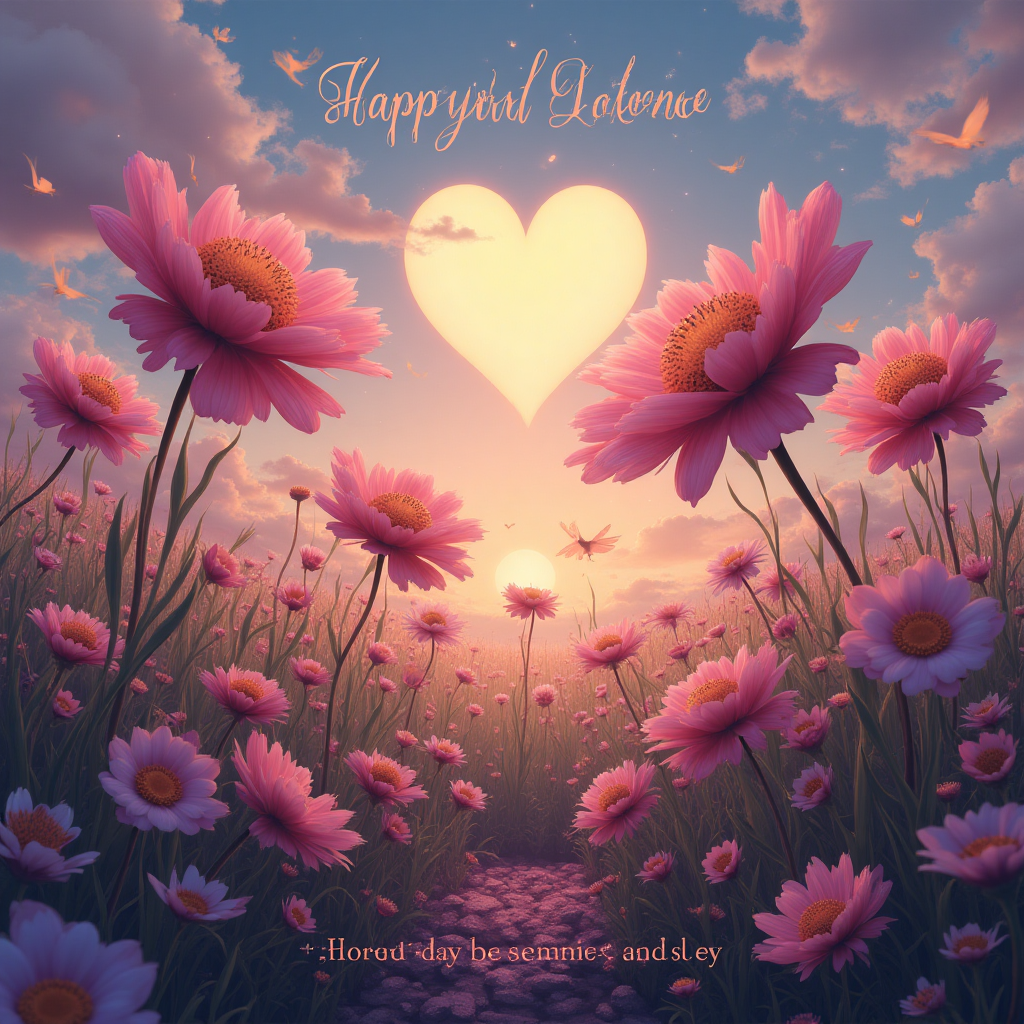 At the top of the Surreal Style image, inscribe the words: "Happy birthday 🎂 Beautiful Selene 💝".

**Image Description:**

Envision a dreamscape where oversized, whimsical flowers unfurl their vibrant petals in a field of fantastical colors. Each bloom seems to sway to an unheard melody, with gentle bends and twists as if they are mid-dance. Amongst the flowers, ethereal creatures with delicate wings are joining in this floral ballet. They twirl gracefully, their movement creating a harmonious blend of color and light. 

In the background, the sky is a blend of twilight purples and oranges, with a surreal, glowing moon that resembles a heart hanging low, casting an enchanting luminescence over the scene. The landscape appears to be fluid, almost melting at the edges, a nod to the world of dreams and imagination. 

In the foreground, a soft focus highlights a cluster of blooms forming the shape of an open heart, signifying love and sincere wishes. The whimsical scene invites the viewer to step into a celebration where nature and dreams entwine in a dance of joy and beauty. 

Subtle text beneath the image reads: "May your day be a dance of happiness and love."
Generated with these themes: Dancing,  cute, flowers, love, and .
Made with ❤️ by AI.