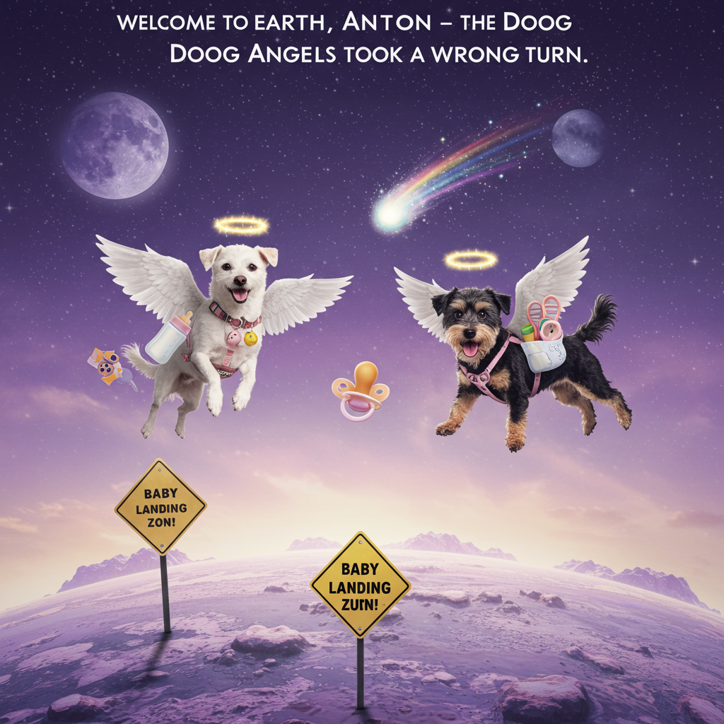 At the top of the realistic photograph image, "Welcome to Earth, Antton – the Dog Angels Took a Wrong Turn!"

A hyper-realistic, whimsical photograph of a white fluffy dog with tiny angel wings and a mischievous smirk soaring alongside a black scruffy dog wearing a mini halo, both flying awkwardly with baby gear (rattles, bottles, nappies) strapped to their backs. They are gliding over a candy-colored alien planet with pastel purple skies, two moons, and a “BABY LANDING ZONE” sign planted on the surface. In the distance, a comet shaped like a pacifier streaks across the sky, leaving a sparkling rainbow trail. The whole scene feels like a bizarre celestial mix-up — and Antton is clearly the unexpected star of the show!
Generated with these themes: White and black angel dog, Flying, and Another planet.
Made with ❤️ by AI.