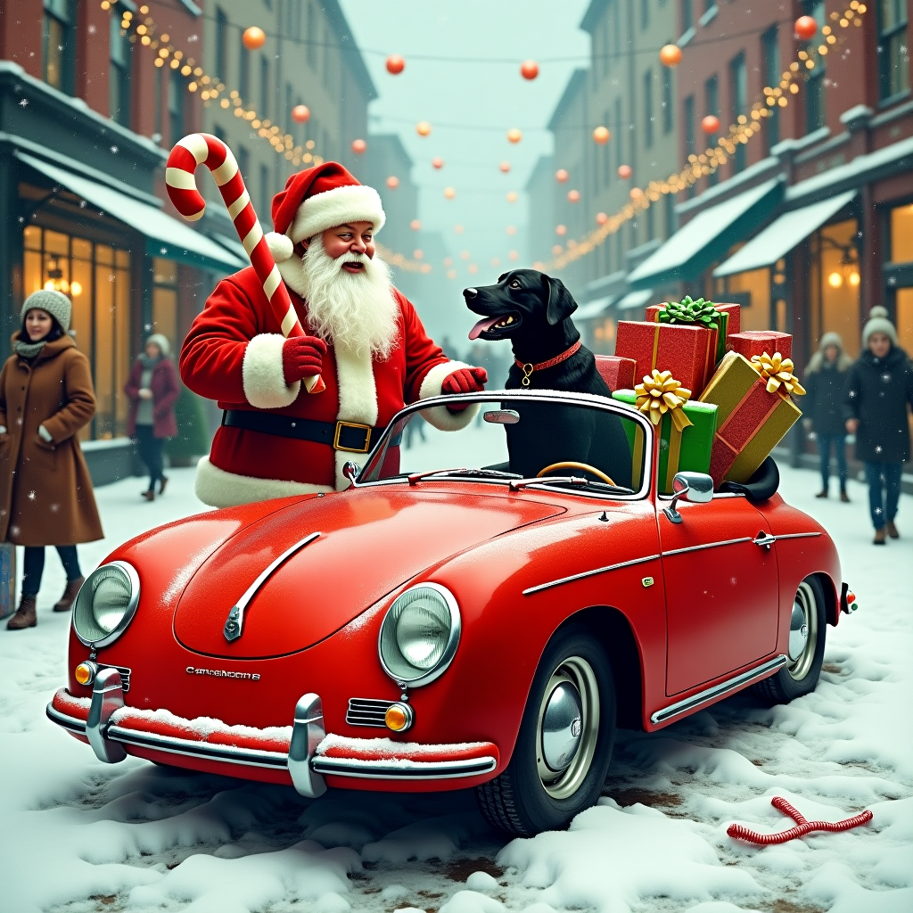 In the forefront of the card, imagine a bustling snowy street corner, whimsically reminiscent of a vintage holiday postcard. A gleaming red Porsche convertible is parked haphazardly at the curb, its vibrant hue standing out against the softly falling snowflakes and the quaint, snow-dusted shops lining the street. Santa Claus, with his iconic red suit and rosy cheeks, is playfully leaning against the car's hood, his bushy white beard jostled by the chilly breeze. He's caught mid-guffaw, with one hand holding a red-and-white striped candy cane the size of a small sapling, pointing jovially towards a black Labrador dog. The dog, embodying mischief and curiosity, is perched on the Porsche's driver seat, its tongue lolling and tail wagging with uncontainable excitement. Around the dog's neck dangles a jaunty red bow that matches the car. The scene is completed with an assortment of colorful presents spilling from the backseat of the Porsche, each box tied with ribbons in various shades of green and gold, and a stray piece of tinsel is humorously entangled in Santa's boot. In the background, shoppers bundled in cozy winter attire pass by, some glancing at the spectacle with amused expressions, while strings of twinkling lights stretch across the street, casting a festive glow on the scene. The artist is invited to capture the playful chaos and delightful absurdity of Santa and his unexpected Christmas companion commandeering a luxury ride amidst the hustle and bustle of holiday cheer.
Generated with these themes: Santa, Red Porsche , Black lab dog, and Presents.
Made with ❤️ by AI.