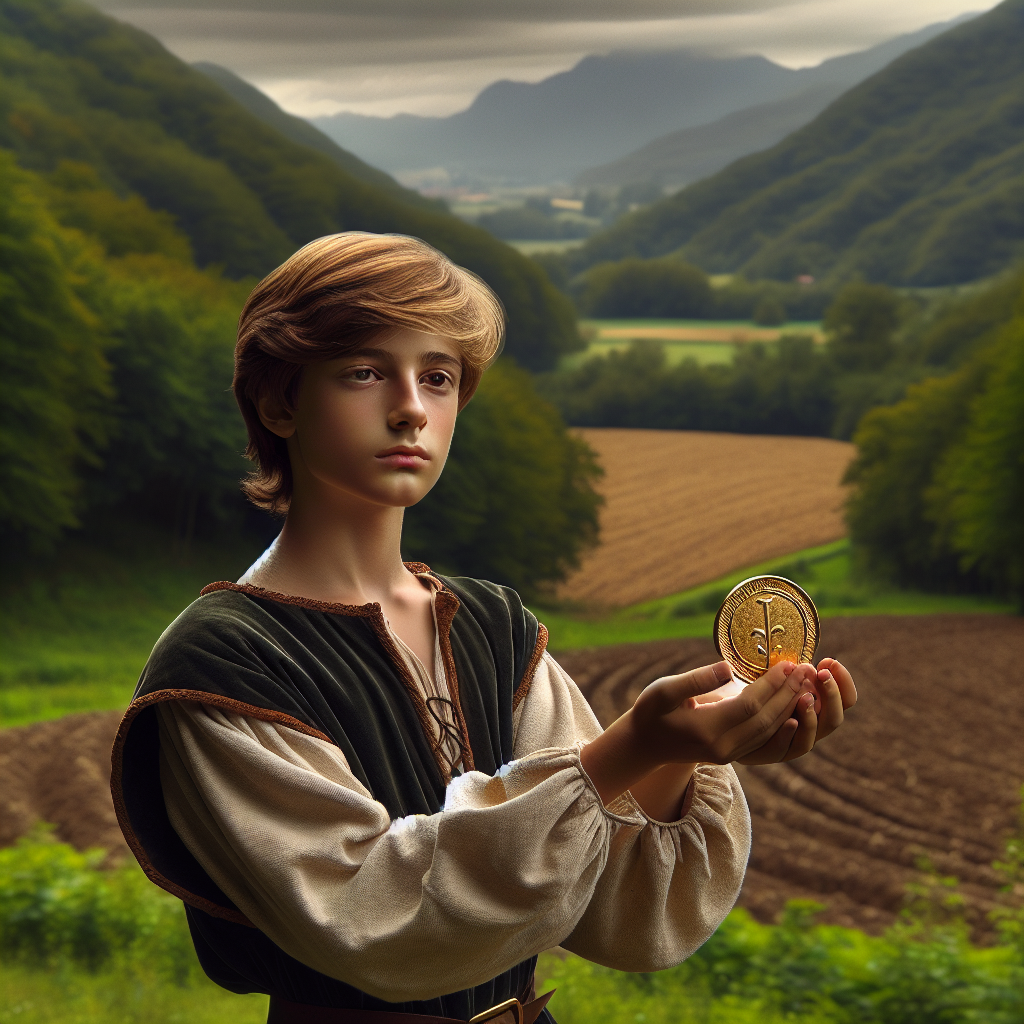A young knave wearing a medieval style tunic and tights stands in a verdant valley., He is holding up a huge golden coin and staring at it intently, and In the distance there are trees, mountains and freshly ploughed fields Birthday Card