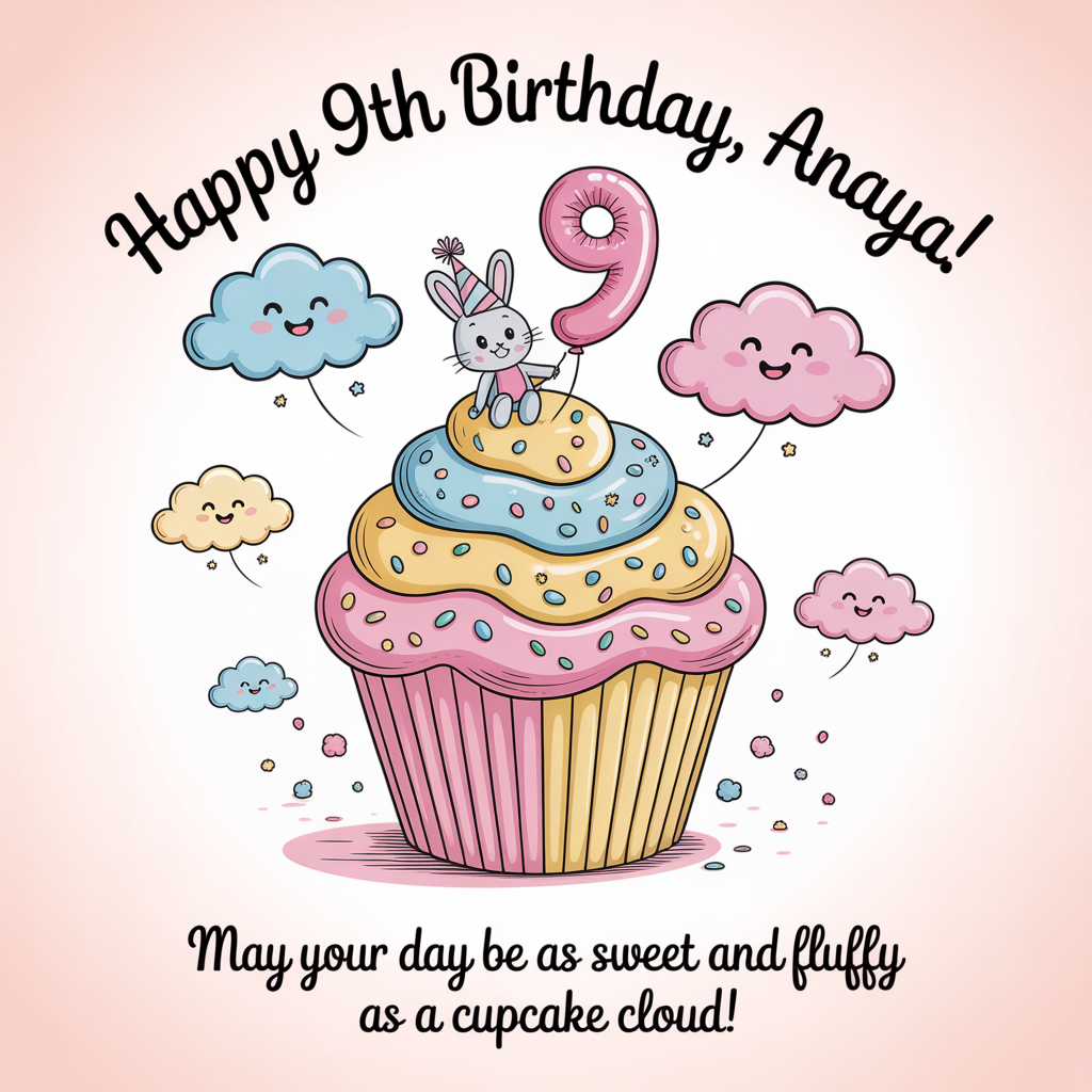 At the top of the image, "Happy 9th Birthday, Anaya!"

At the bottom of the image, "May your day be as sweet and fluffy as a cupcake cloud!"

- In the center of the image, create an illustration of a dreamy, whimsical scene featuring a giant cupcake with pastel-colored frosting and sprinkles. On top of the cupcake, a tiny, adorable bunny wearing a party hat is holding a balloon shaped like the number 9, surrounded by floating, smiling cloud friends. The scene should be filled with a warm and inviting color palette, with soft pinks, blues, and yellows.
Generated with these themes: Cute things, and .
Made with ❤️ by AI.