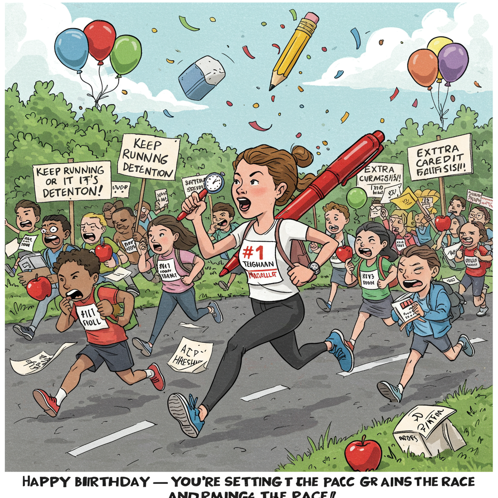 At the top of the illustration image, “Happy BIRTHDAY, LeighAnn—You're Setting the Pace and Grading the Race!”

A humorous illustration of a crowded marathon scene where LeighAnn, wearing a “#1 Teacher” bib, is sprinting ahead of a pack of out-of-breath runners who are all students frantically carrying apples and homework papers. She's clutching a red pen mid-run, marking assignments while holding a stopwatch in her other hand. Signs on the side of the race route say “Keep Running or It’s Detention!” and “Extra Credit If You Finish!” The sky is sunny and full of celebratory balloons shaped like pencils and erasers, with birthday confetti fluttering down.
Generated with these themes: Marathon race runner, and Teacher.
Made with ❤️ by AI.