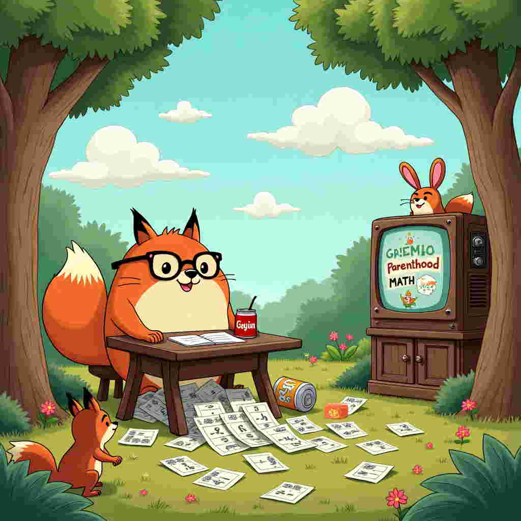 The scene unfolds in a whimsical forest clearing reminiscent of classic cartoon landscapes, taking a playful twist inspired by legendary artists. At the center, a rotund, cheerful fox, plump and cuddly, is sitting at a rustic wooden desk under a grand, flowering tree. The fox wears oversized glasses perched on his snout and is surrounded by a comical pile of math tests, with numbers humorously spilling out onto the forest floor, symbolizing the chaotic charm of new parenthood. In the background, a mischievous squirrel is rolling an empty soda can (with a label humorously spoofing popular drinks like 'Foxy Cola') towards the desk, adding to the humorous chaos of the scene.

High above, fluffy clouds form the letters of the name "Gayin," artfully drifting across the bright blue sky, a nod to the personalized nature of the card. To one side, a quaint, vintage television set - complete with rabbit ears - is cleverly integrated into a tree trunk, broadcasting a cartoonish version of a famous nature documentary from 'BBC,' featuring animated woodland creatures celebrating the new arrival.

The scene is sprinkled with charming details like a tiny book titled "Parenthood Math" casually tossed on the ground, and the fox's desk decorated with playful doodles of fox kits and math equations. The overall design combines elements of Schulz's clean lines, Watterson's humor, and Tezuka's lively characters, creating a delightful, enchanting greeting card that captures the joy and unexpected adventures of welcoming a new baby.
Generated with these themes: A fat fox, Math tests , Methenphatmine, Coke, and Bbc.
Made with ❤️ by AI.