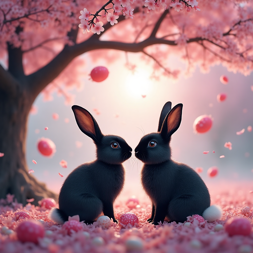 ### Image Prompt

A mesmerizing scene unfolds beneath a cherry blossom tree in full bloom, its delicate pink petals swirling around like a gentle storm. At the heart of this ethereal landscape, a pair of black rabbits emerge: one with a distinctive white nose, the other a black lop, their fur blending seamlessly into the surreal surroundings. Around them, an array of whimsical sweeties float, defying gravity, their vibrant colors contrasting against the twilight-hued sky. The rabbits gaze at each other with eyes filled with wonder, creating an atmosphere of dreamlike romance.

### Caption

"Hop-py Birthday in our Sweet, Surreal Wonderland!"
Generated with these themes: Cherry blossom tree, Black rabbit with white nose, Black lop rabbit , Sweeties , and .
Made with ❤️ by AI.